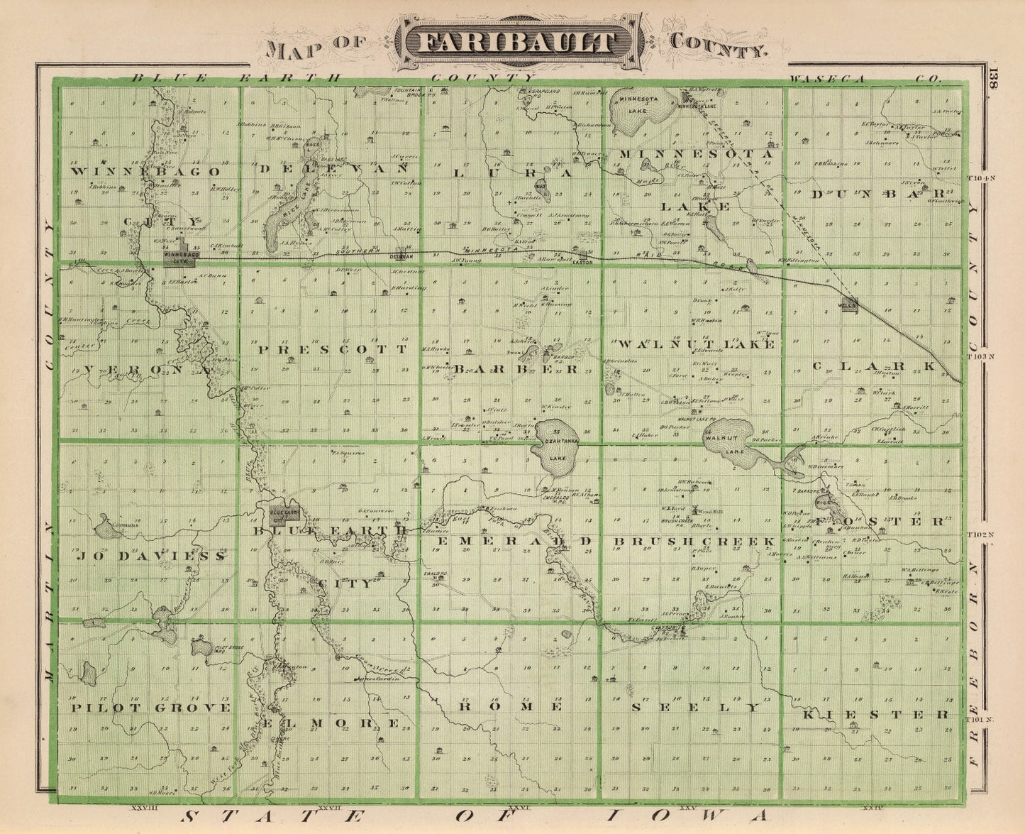 Vintage Map of Faribault County, Minnesota, 1874