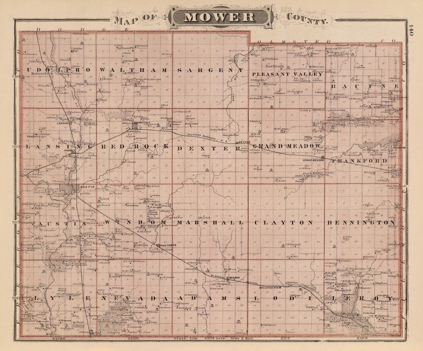 Vintage Map of Mower County, Minnesota, 1874