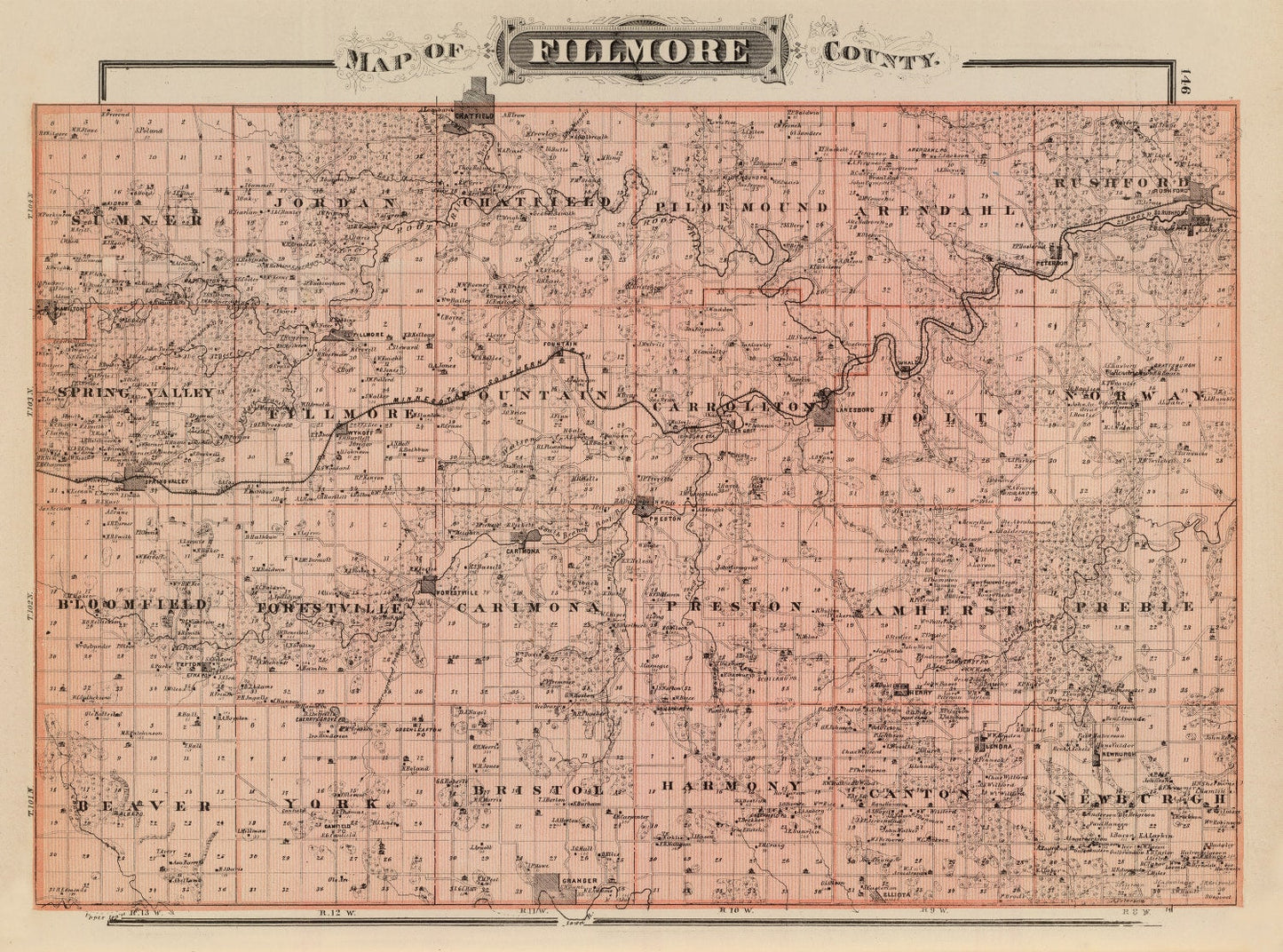 Vintage Map of Fillmore County, Minnesota, 1874