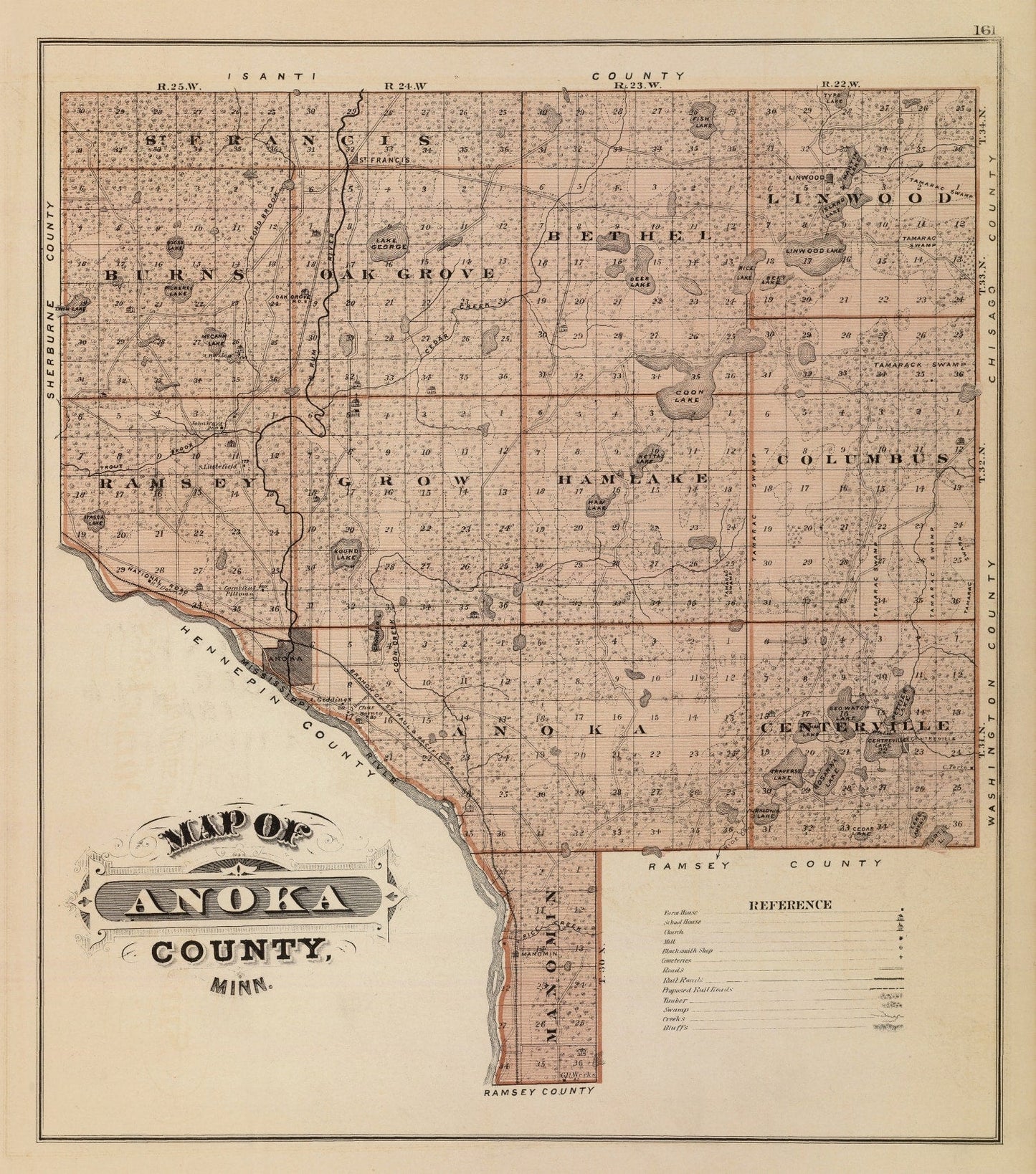 Vintage Map of Anoka County, Minnesota, 1874