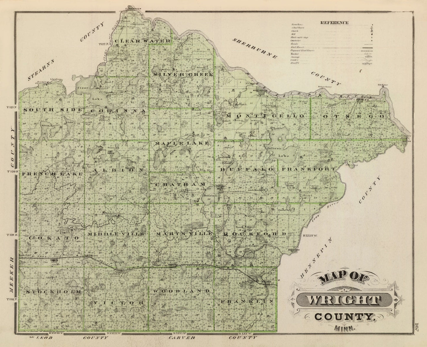 Vintage Map of Wright County, Minnesota, 1874