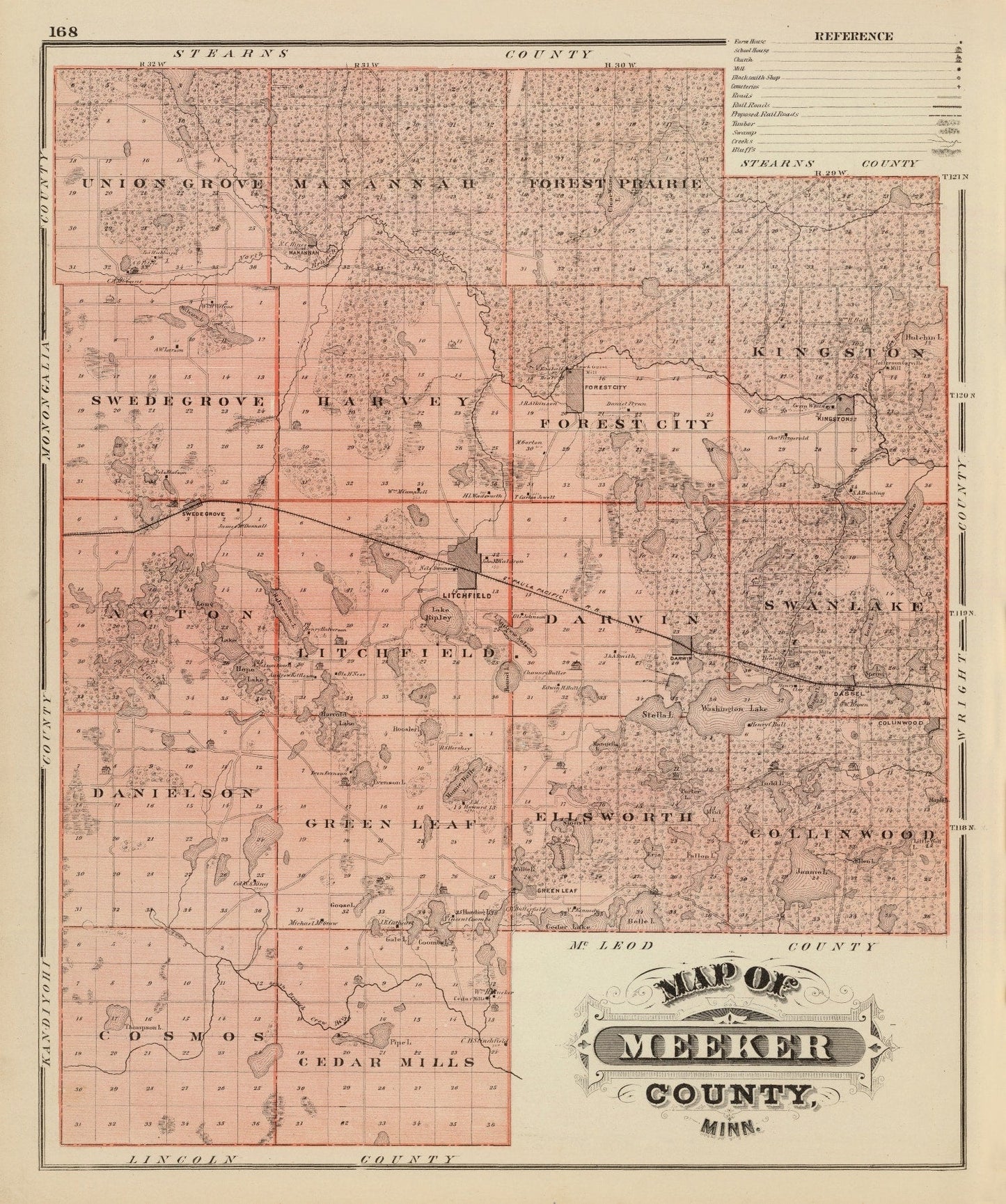 Vintage Map of Meeker County, Minnesota, 1874