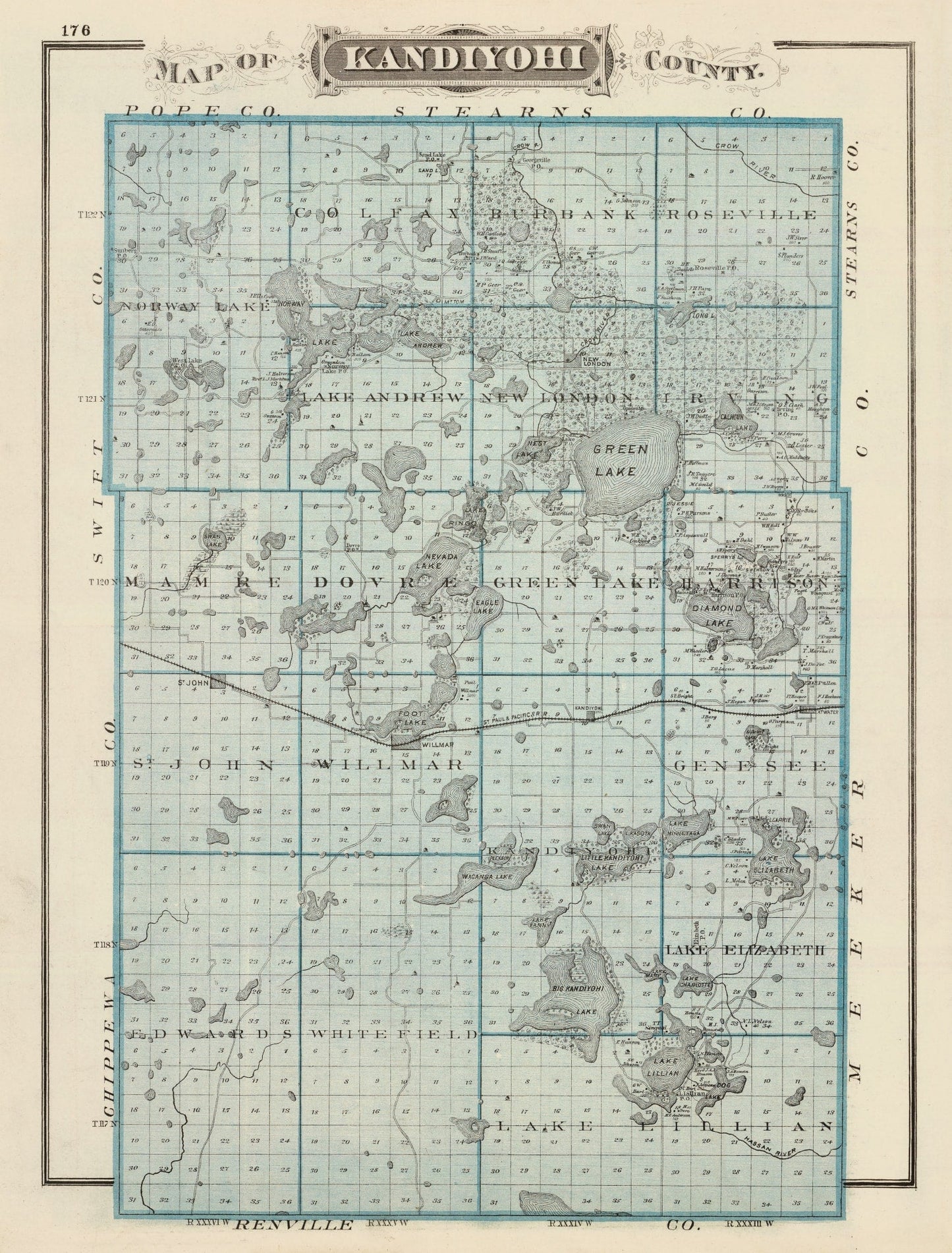 Vintage Map of Kandiyohi County, Minnesota, 1874