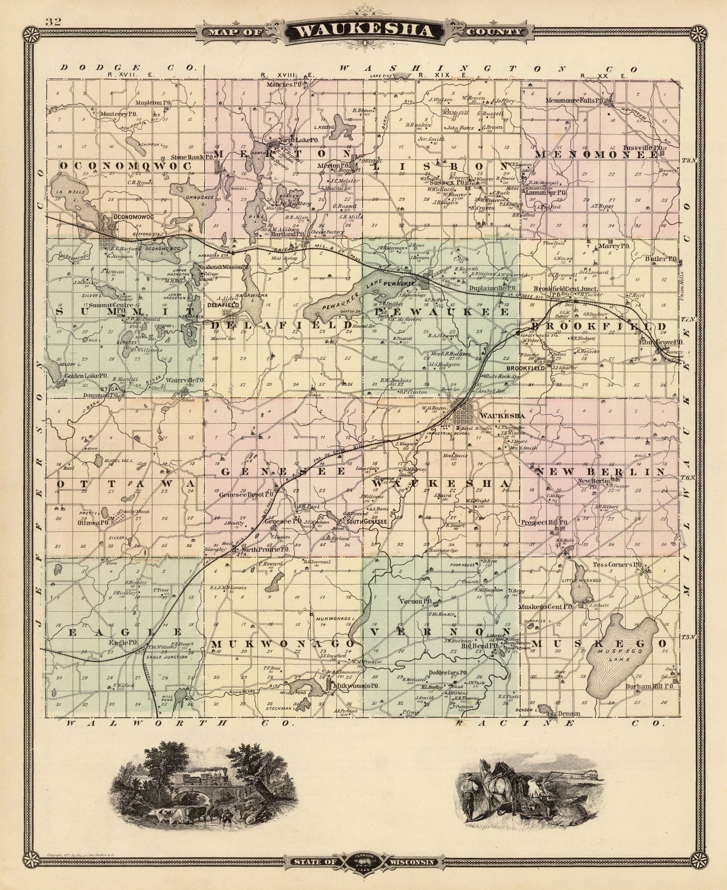 Vintage Map of Waukesha County, Wisconsin, 1878 (I)
