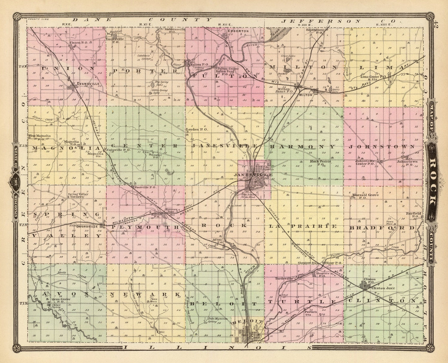 Vintage Map of Rock County, Wisconsin, 1878
