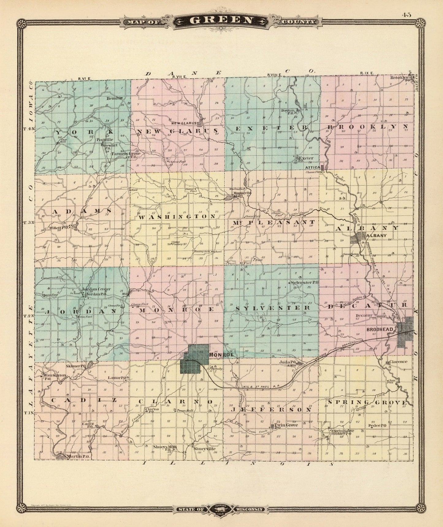 Vintage Map of Green County, Wisconsin, 1878