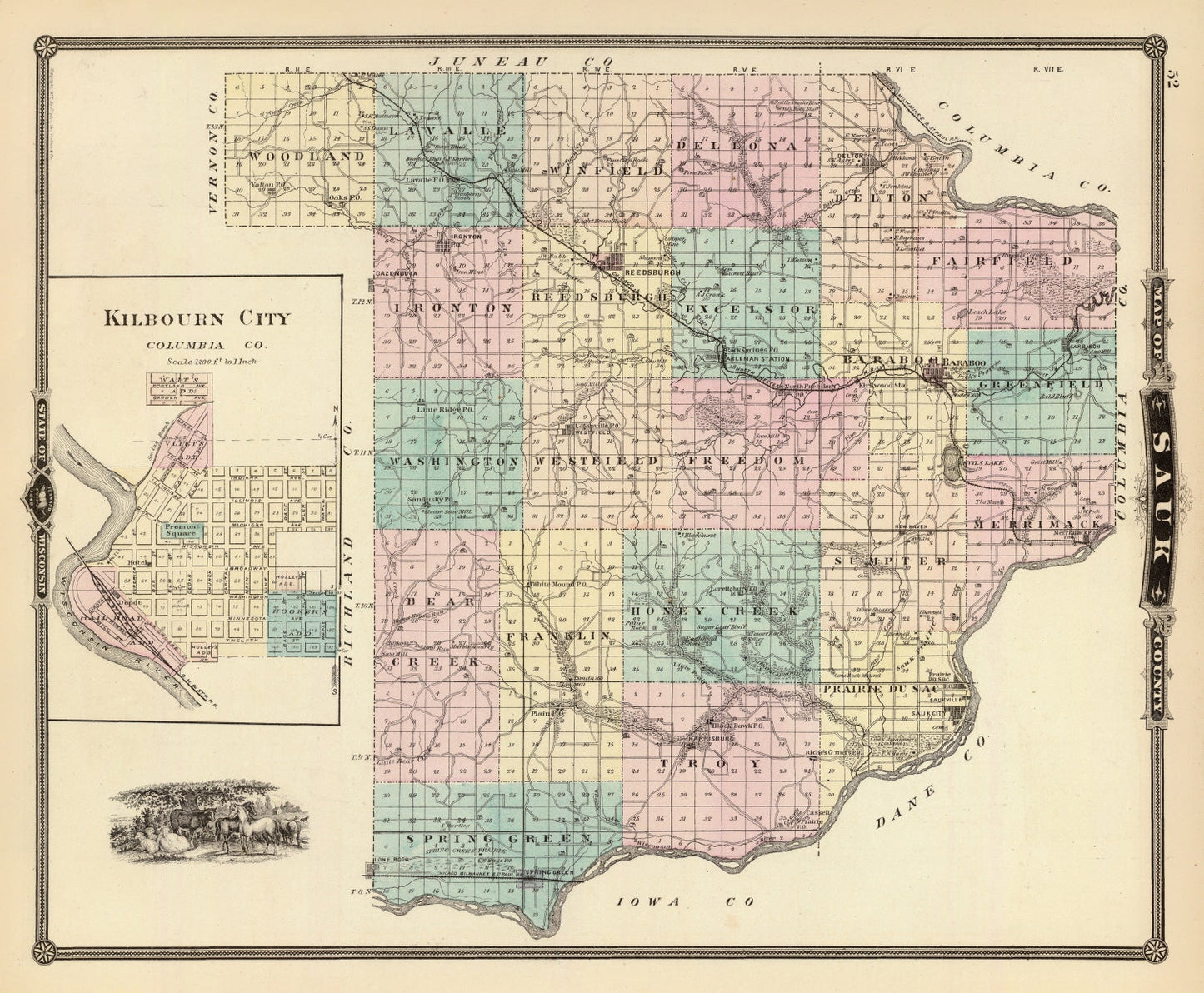 Vintage Map of Sauk County, Wisconsin, 1878