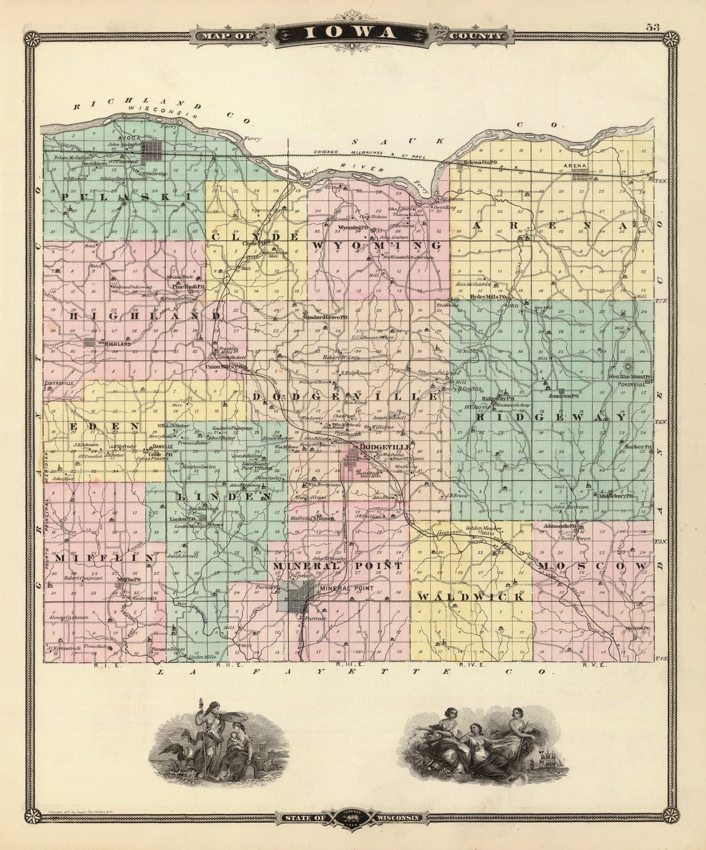 Vintage Map of Iowa County, Wisconsin, 1878