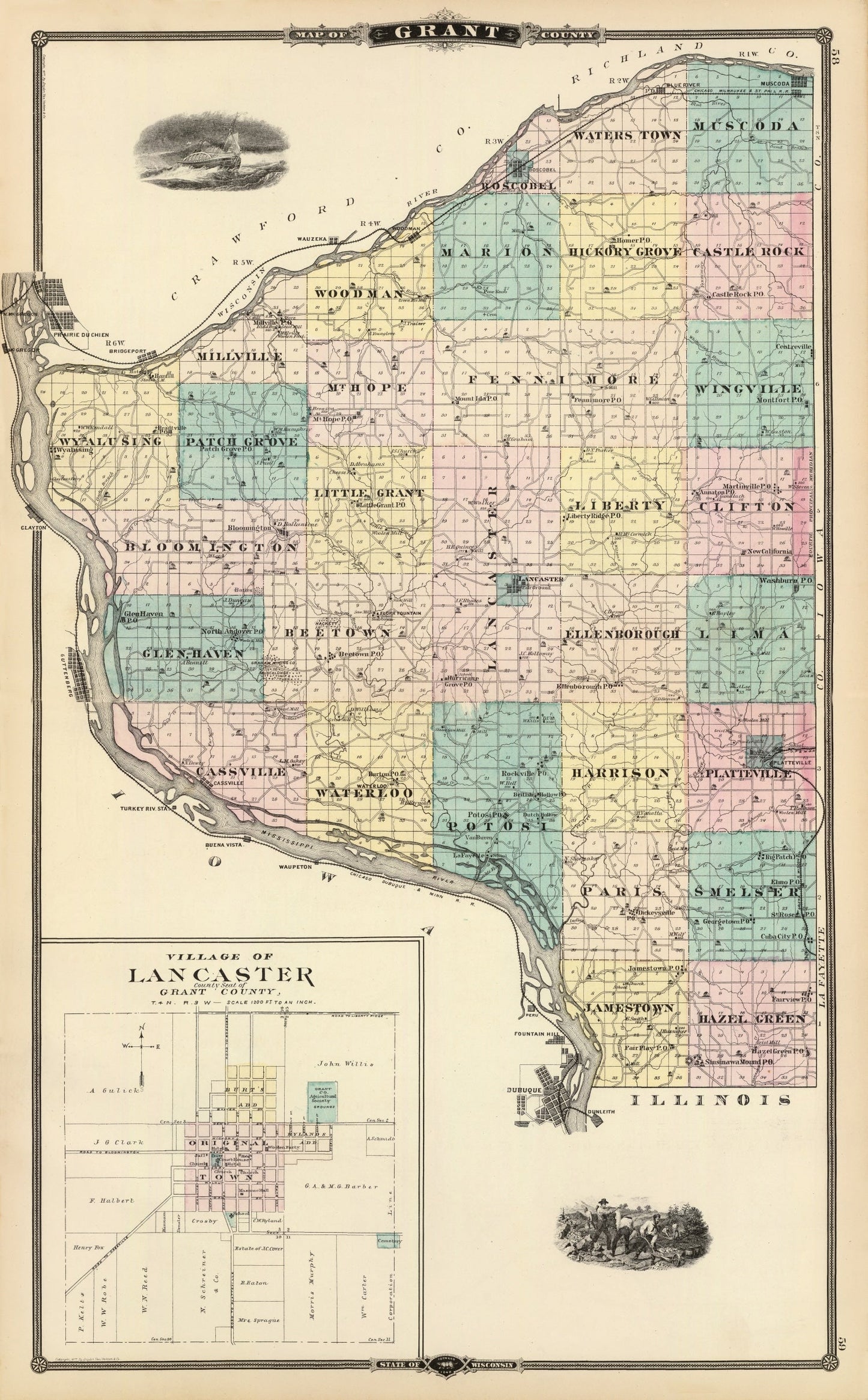 Vintage Map of Grant County, Wisconsin, 1878
