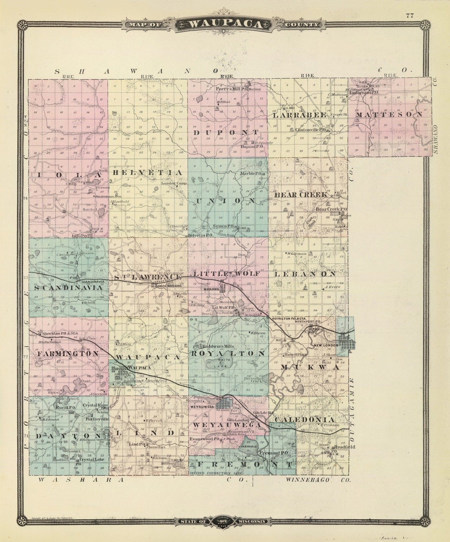 Vintage Map of Waupaca County, Wisconsin, 1878