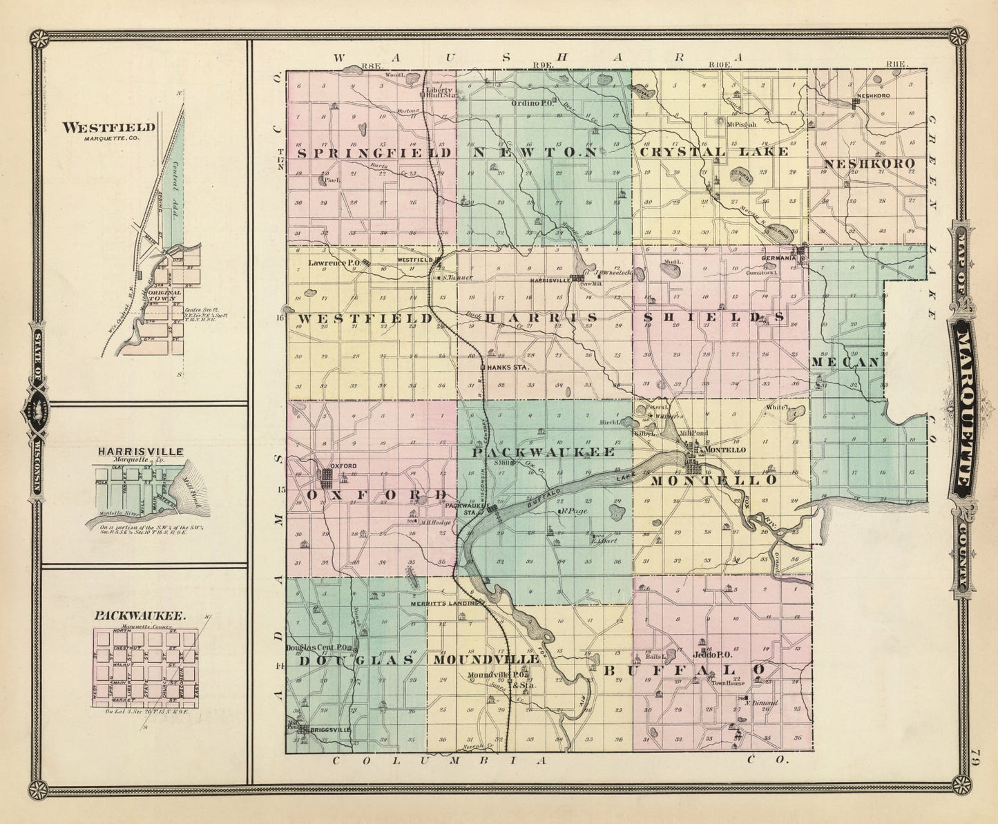 Vintage Map of Marquette County, Wisconsin, 1878
