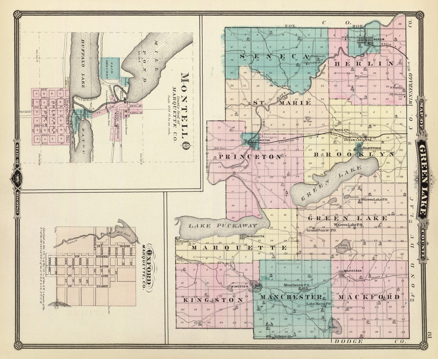 Vintage Map of Green Lake County, Wisconsin, 1878