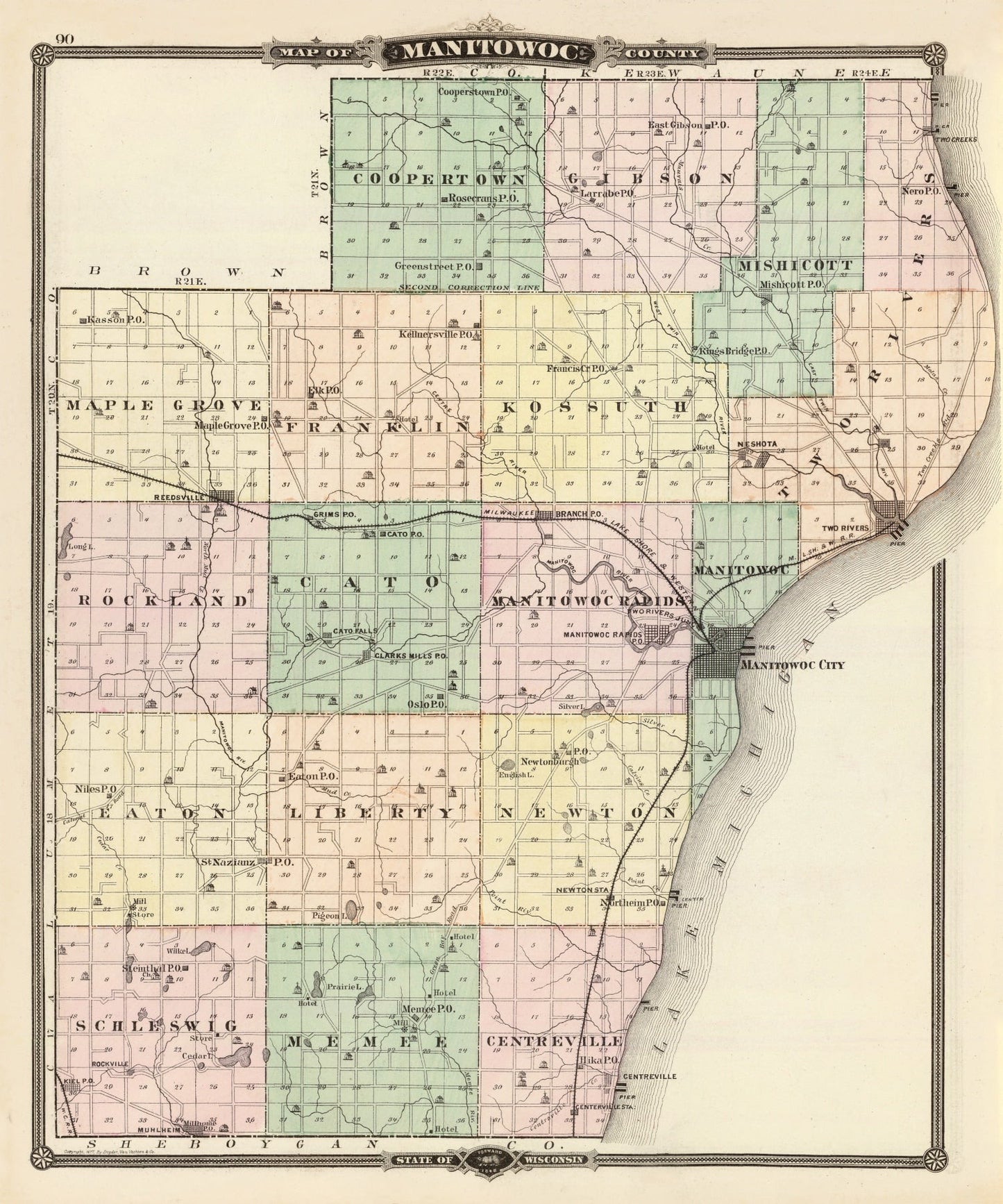 Vintage Map of Manitowoc County, Wisconsin, 1878