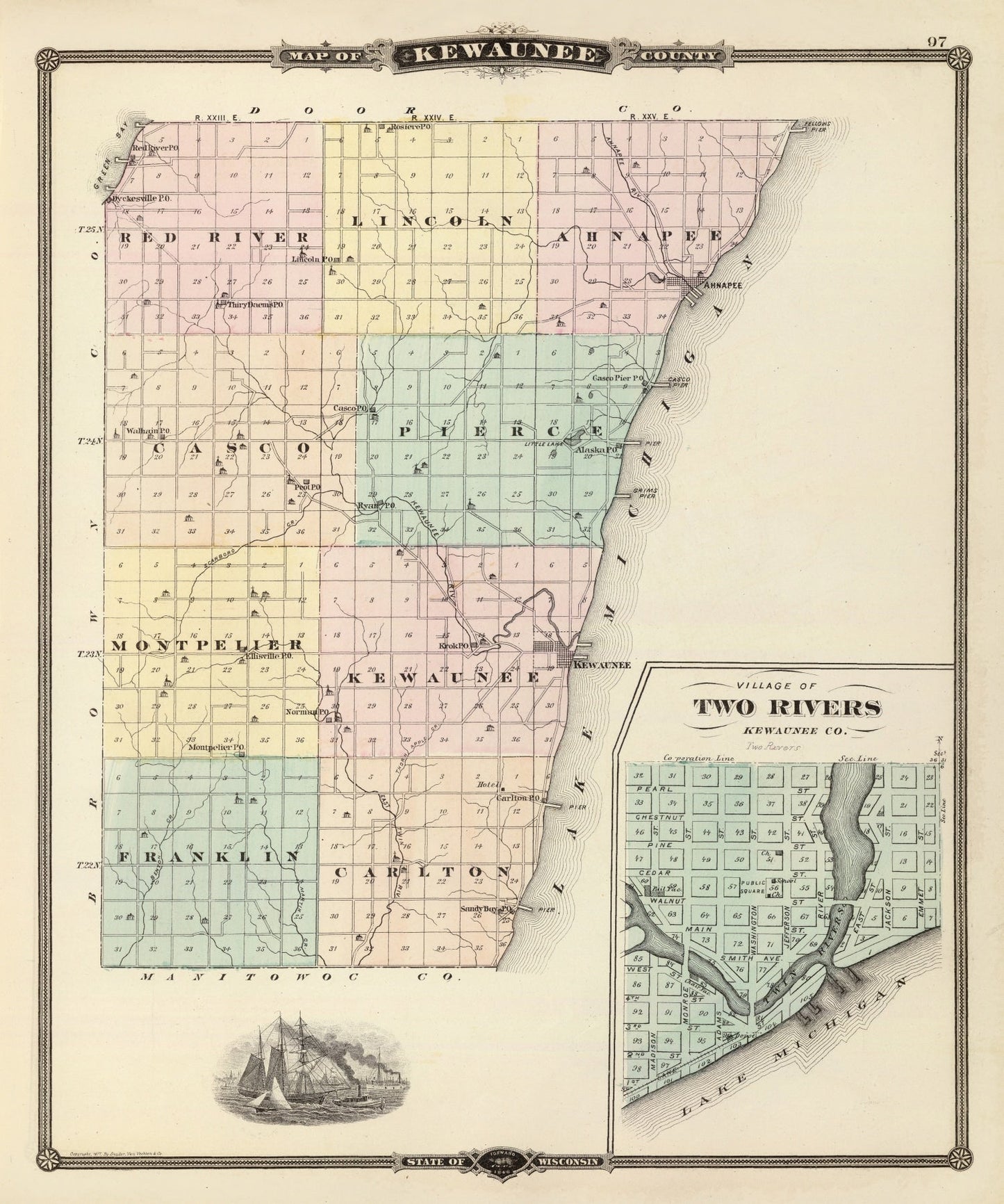 Vintage Map of Kewaunee County, Wisconsin, 1878