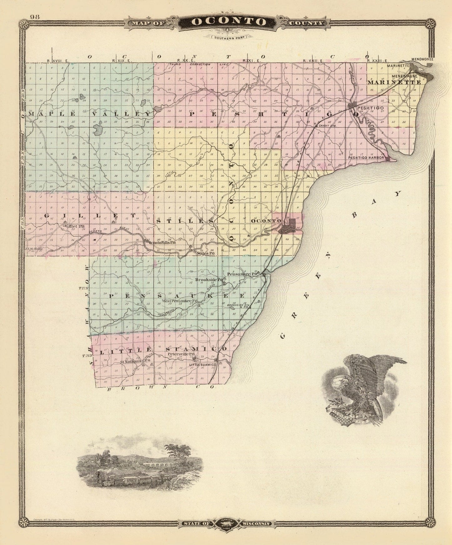 Vintage Map of Oconto County, Wisconsin, 1878