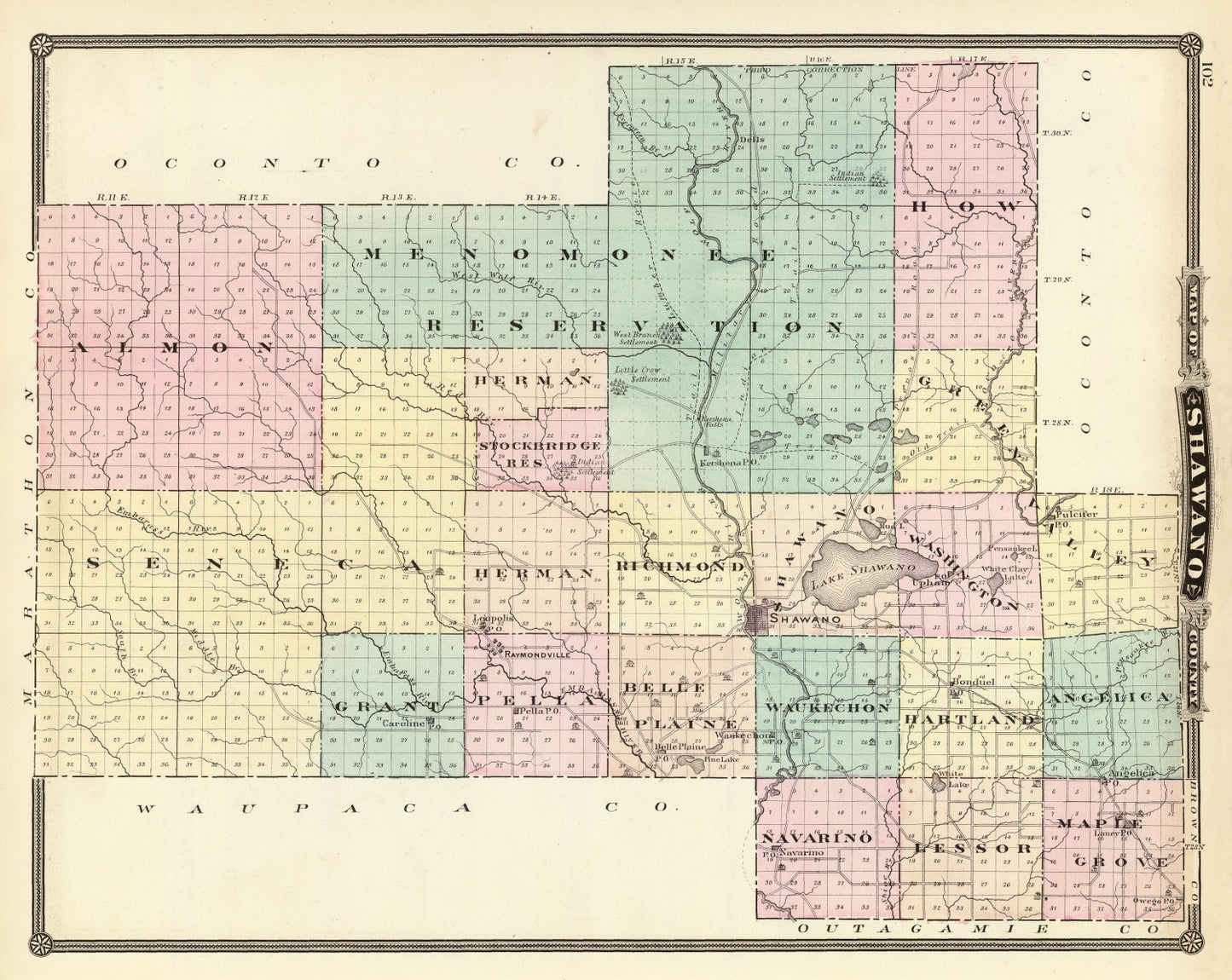 Vintage Map of Shawano County, Wisconsin, 1878