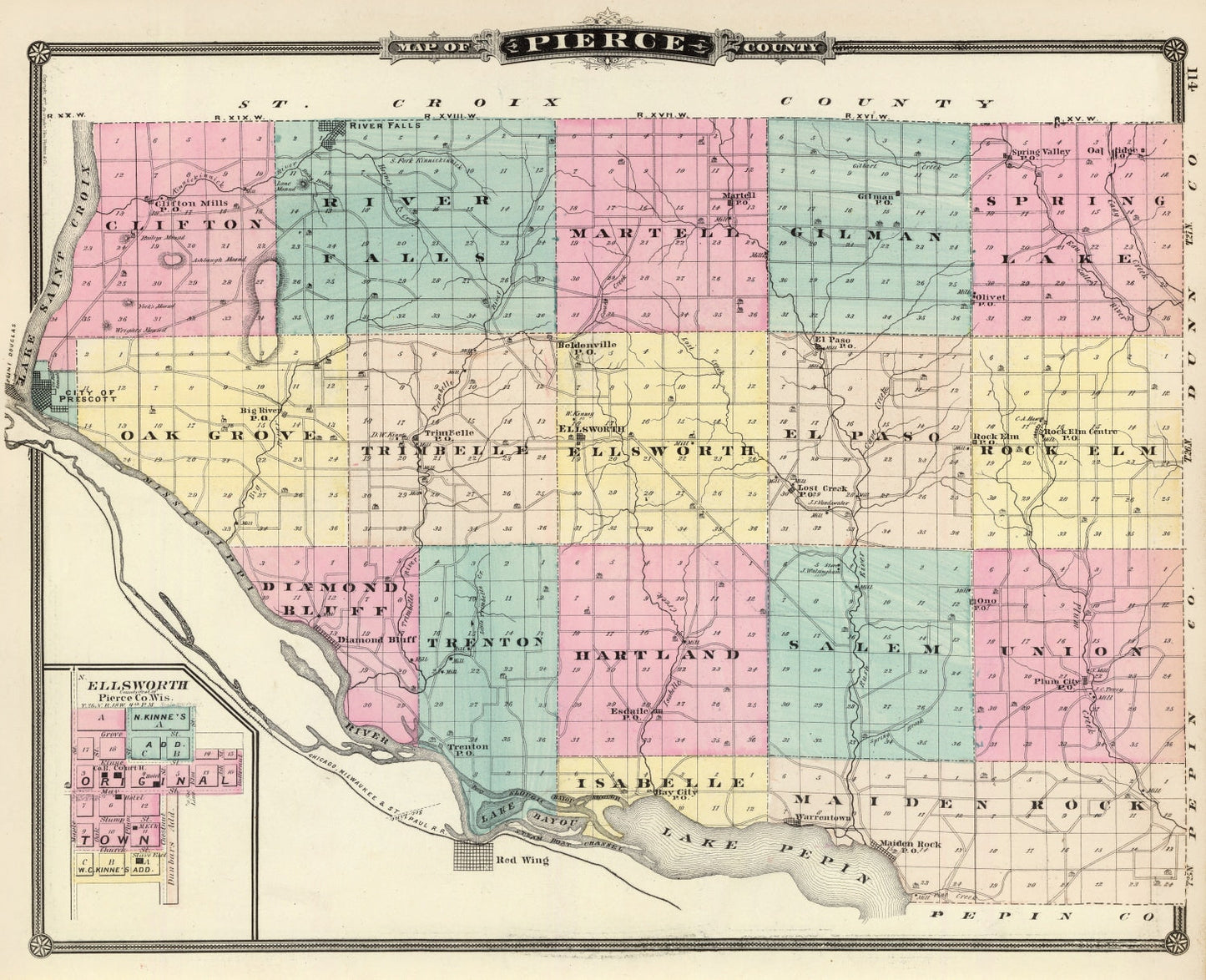 Vintage Map of Pierce County, Wisconsin, 1878