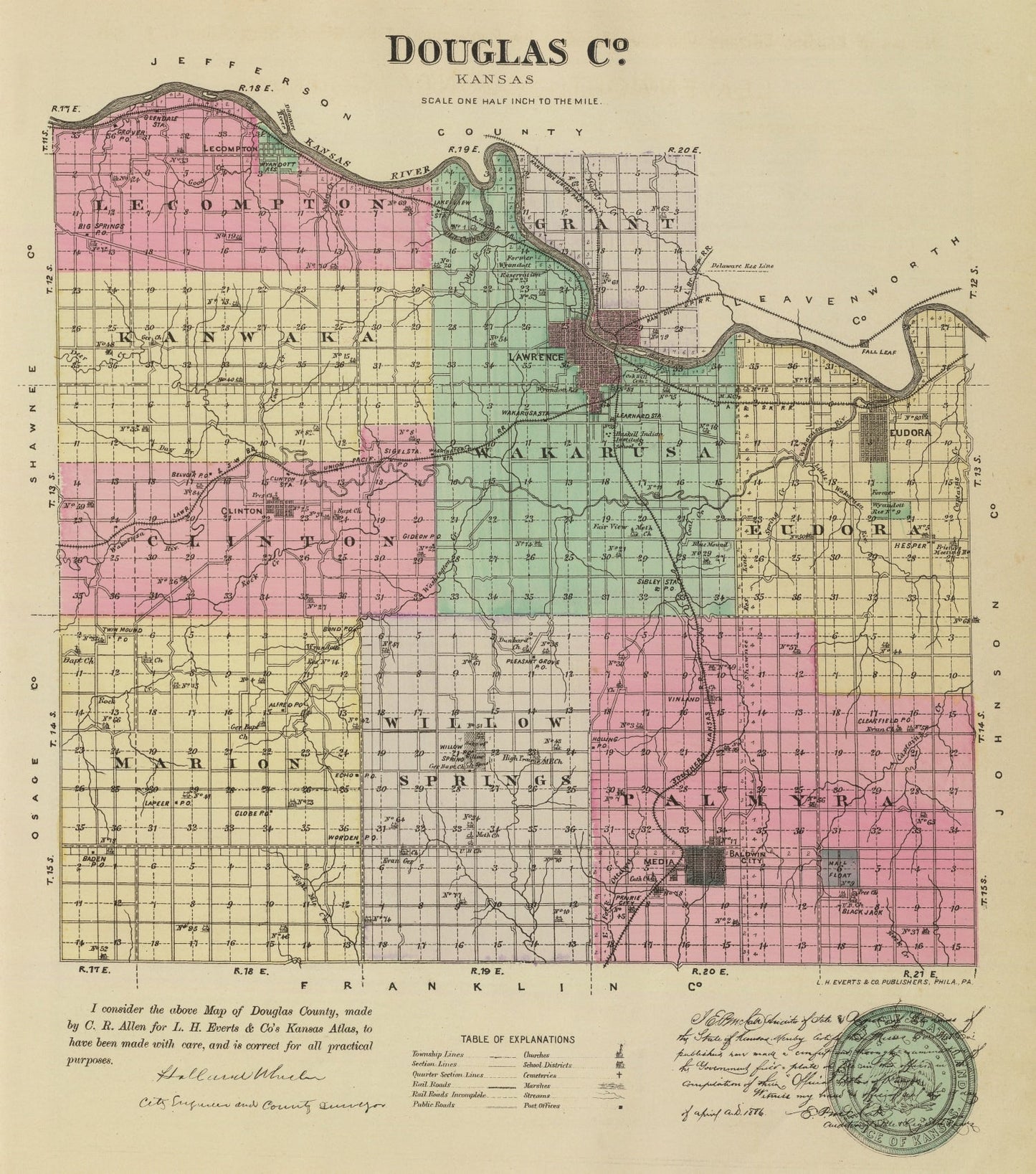 Vintage Map of Douglas County, Kansas, 1887
