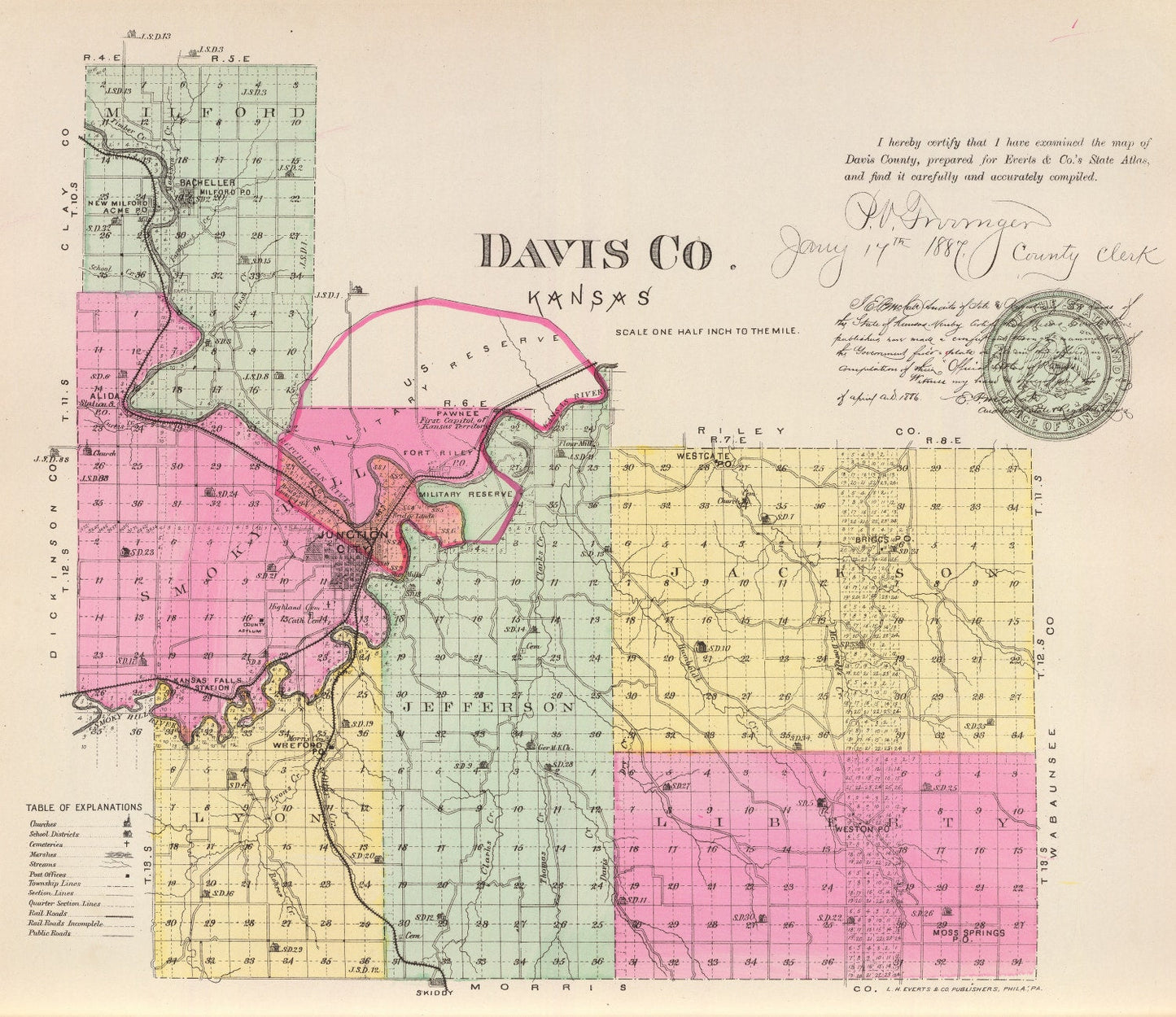Vintage Map of Davis County, Kansas, 1887