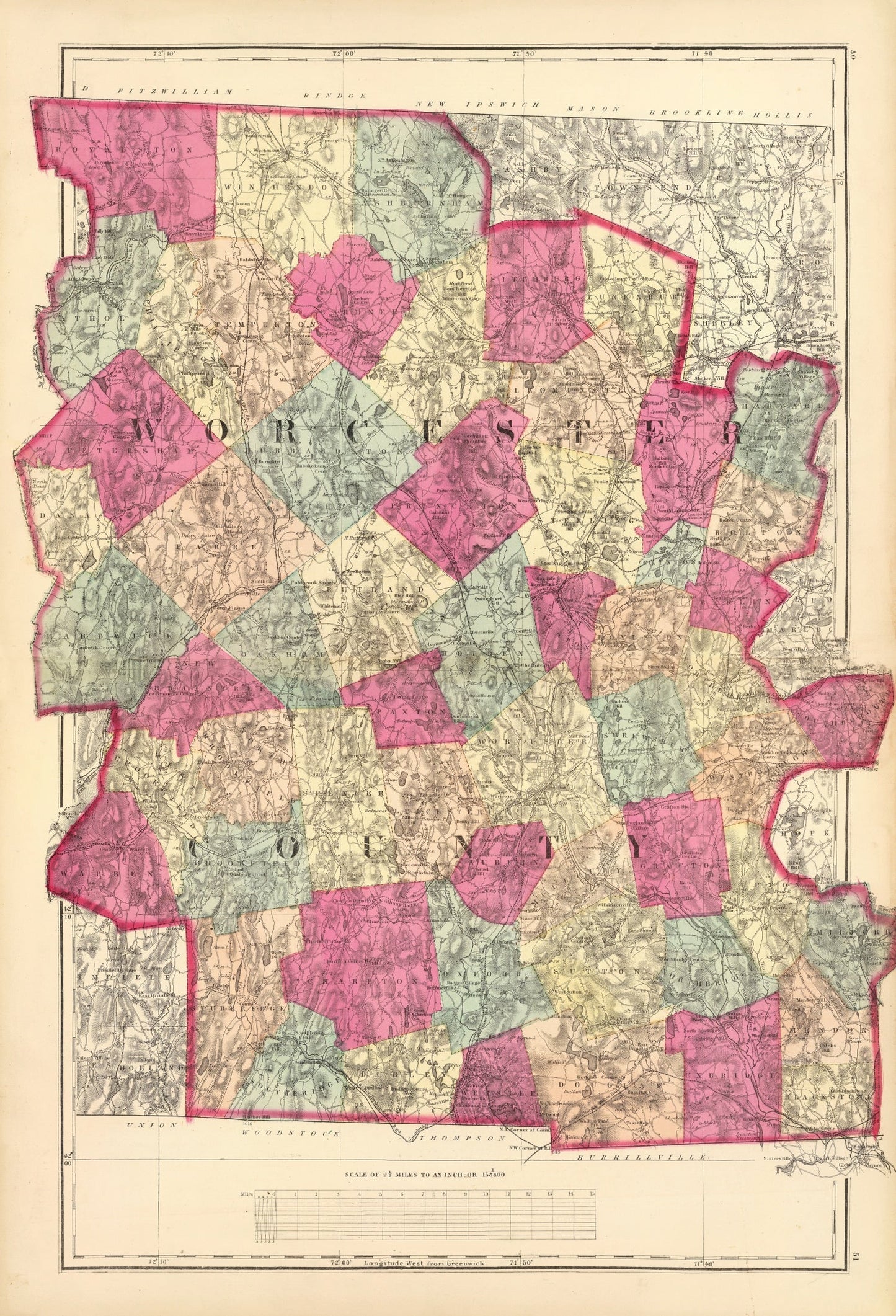 Vintage Map of Worcester County, Massachusetts, 1871
