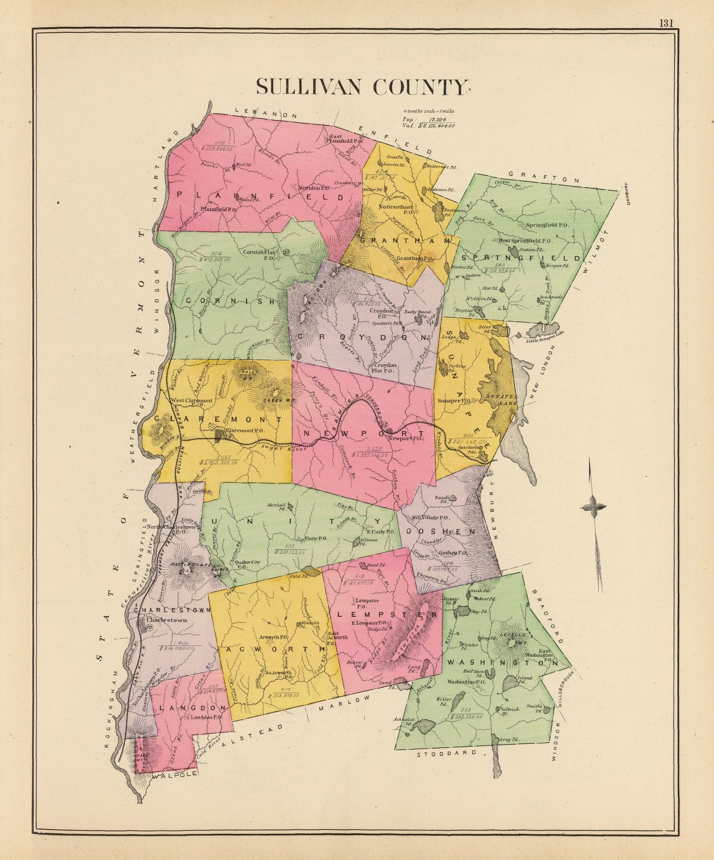 Vintage Map of Sullivan County, New Hampshire, 1892