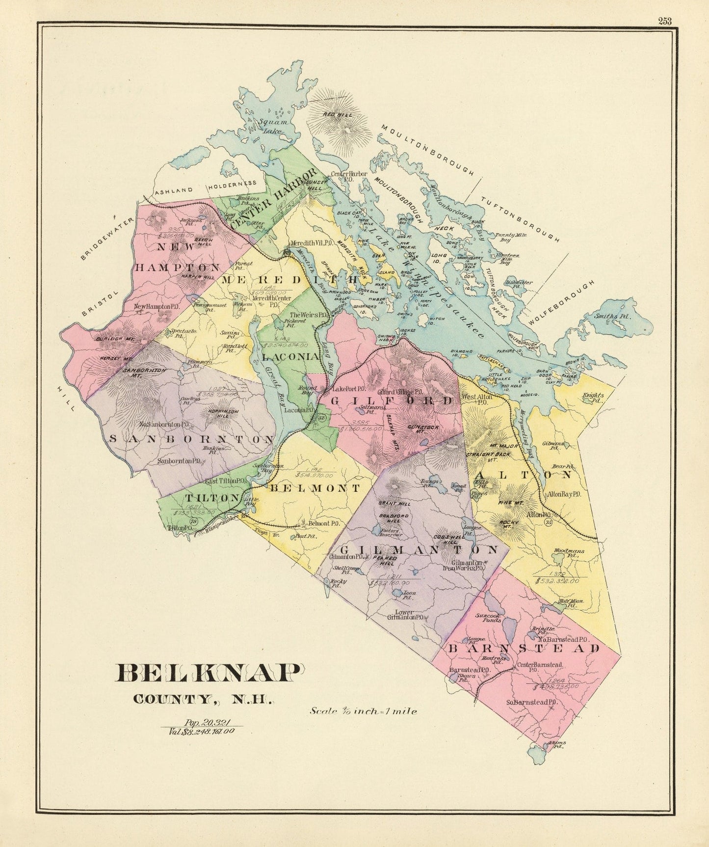 Vintage Map of Belknap County, New Hampshire, 1892 Wall Art Print