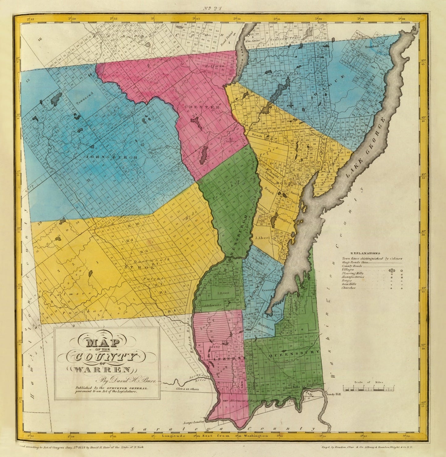 Vintage Map of Warren County, New York, 1829