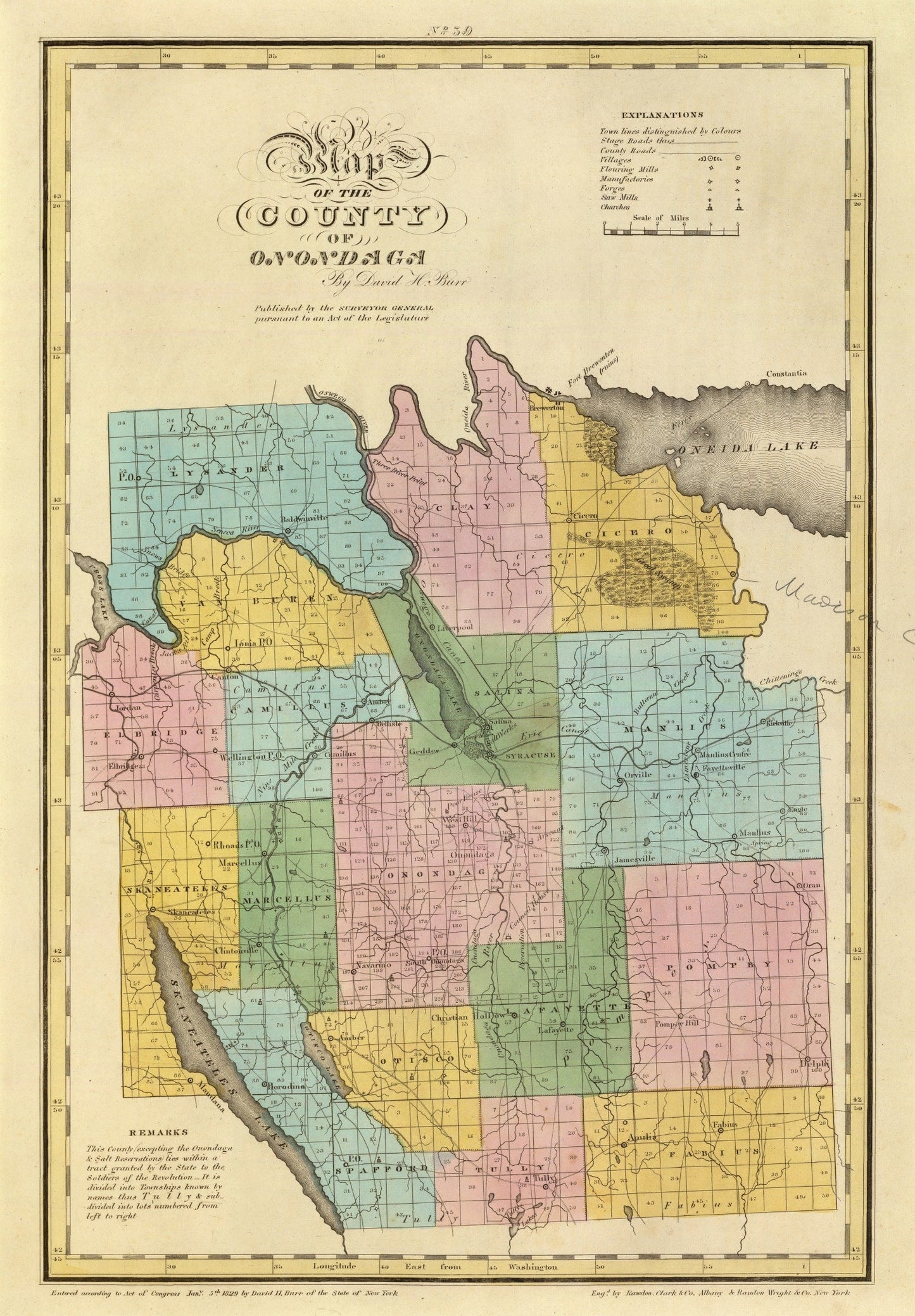 Vintage Map of Onondaga County, New York, 1829