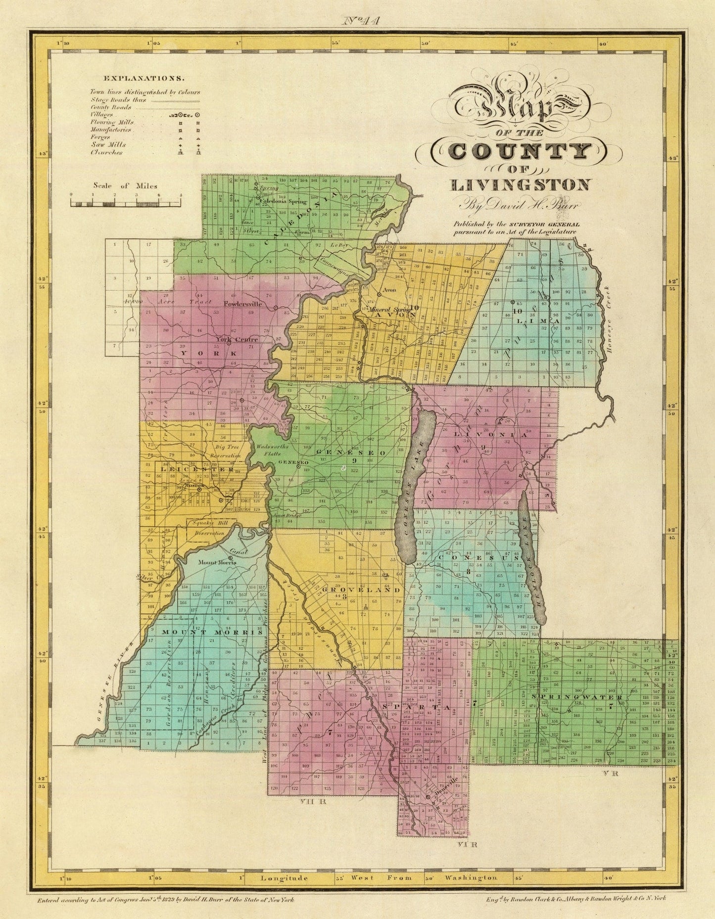 Vintage Map of Livingston County, New York, 1829