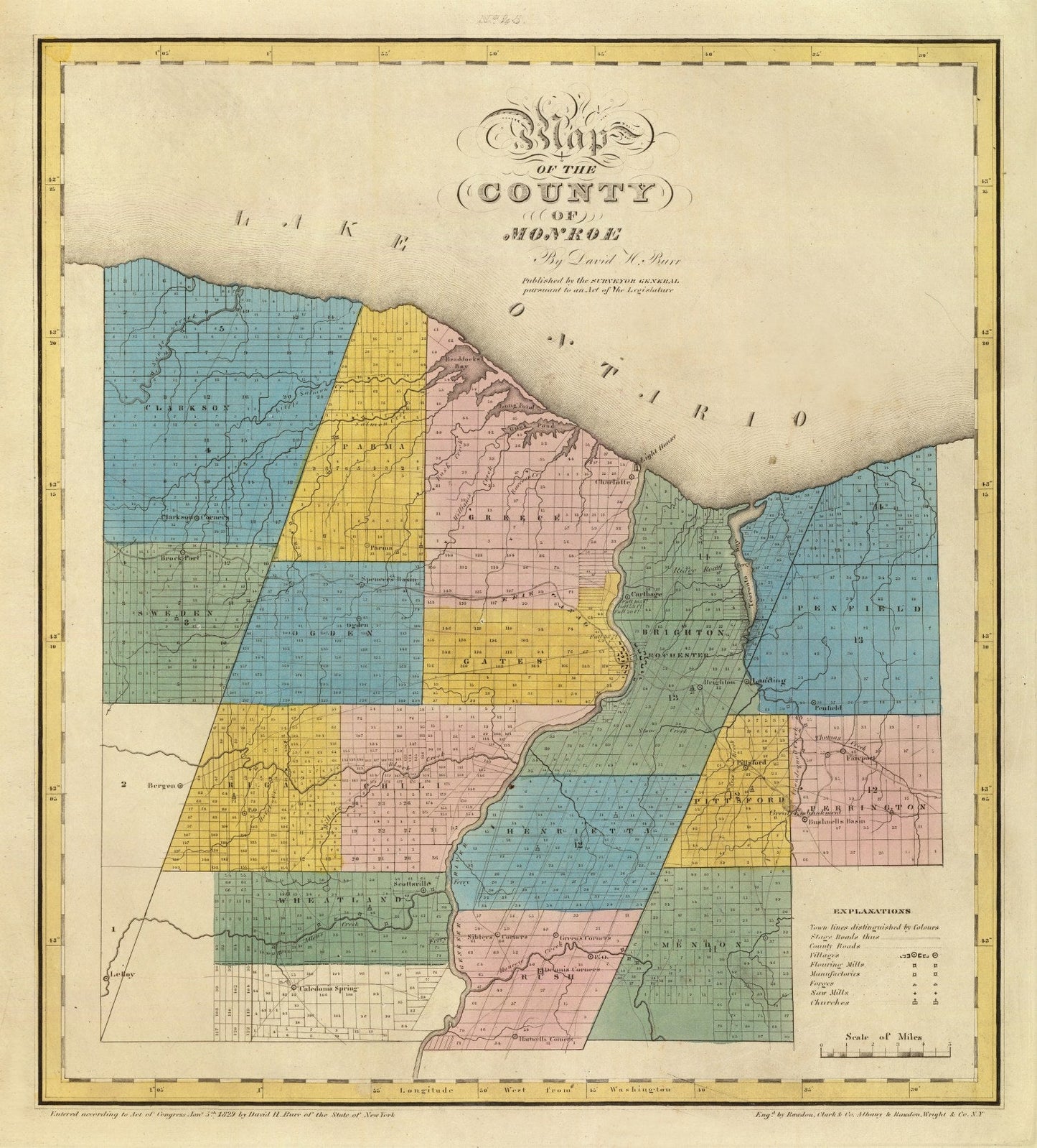 Vintage Map of Monroe County, New York, 1829