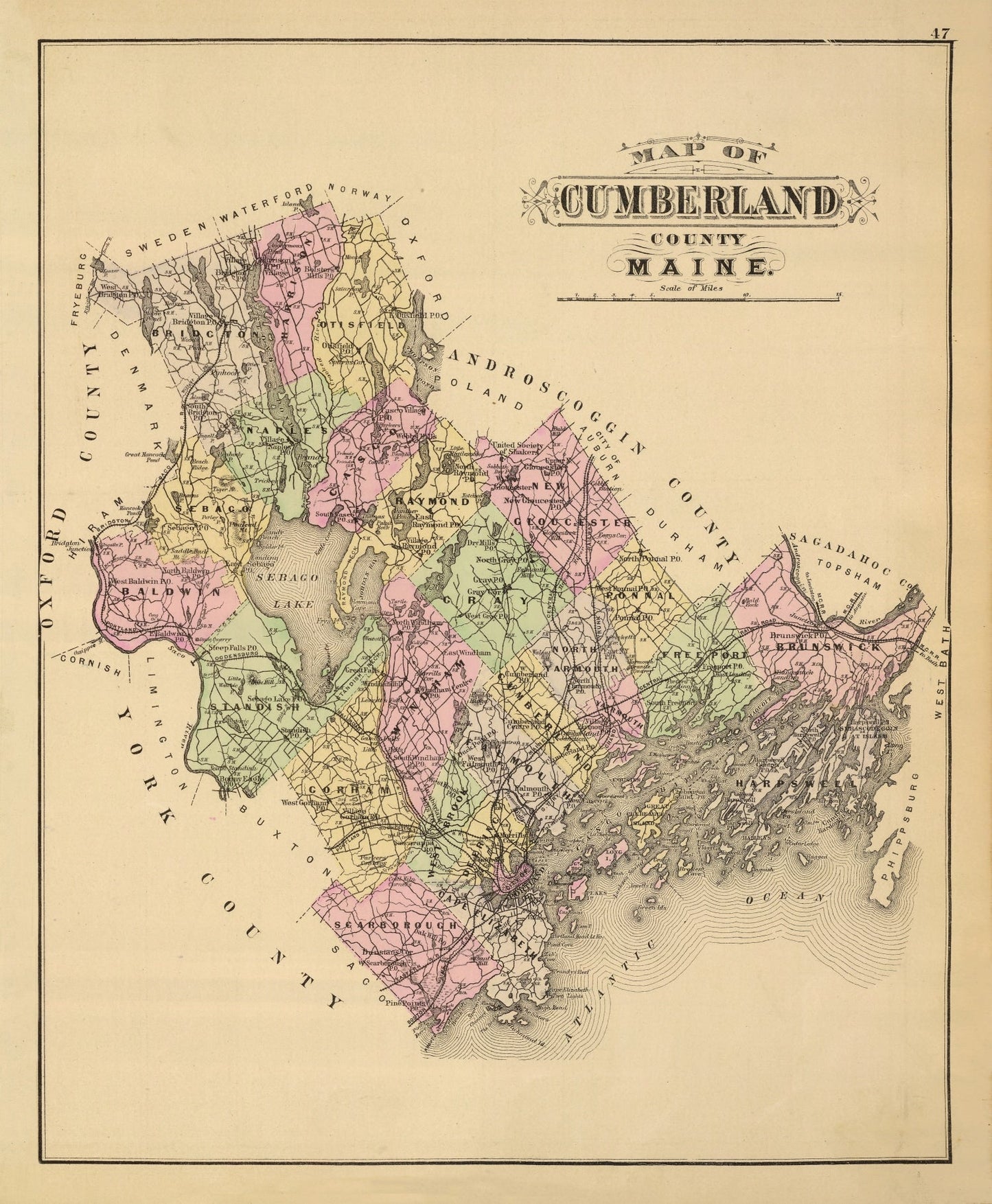 Vintage Map of Cumberland County, Maine, 1885