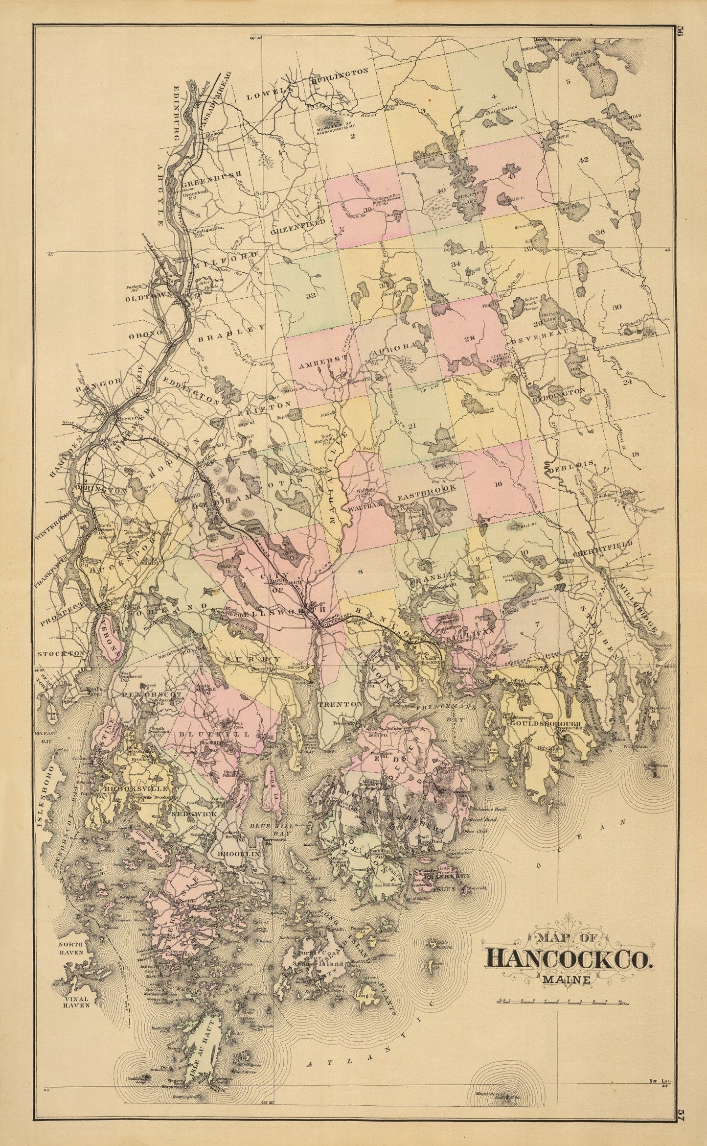 Vintage Map of Hancock County, Maine, 1885