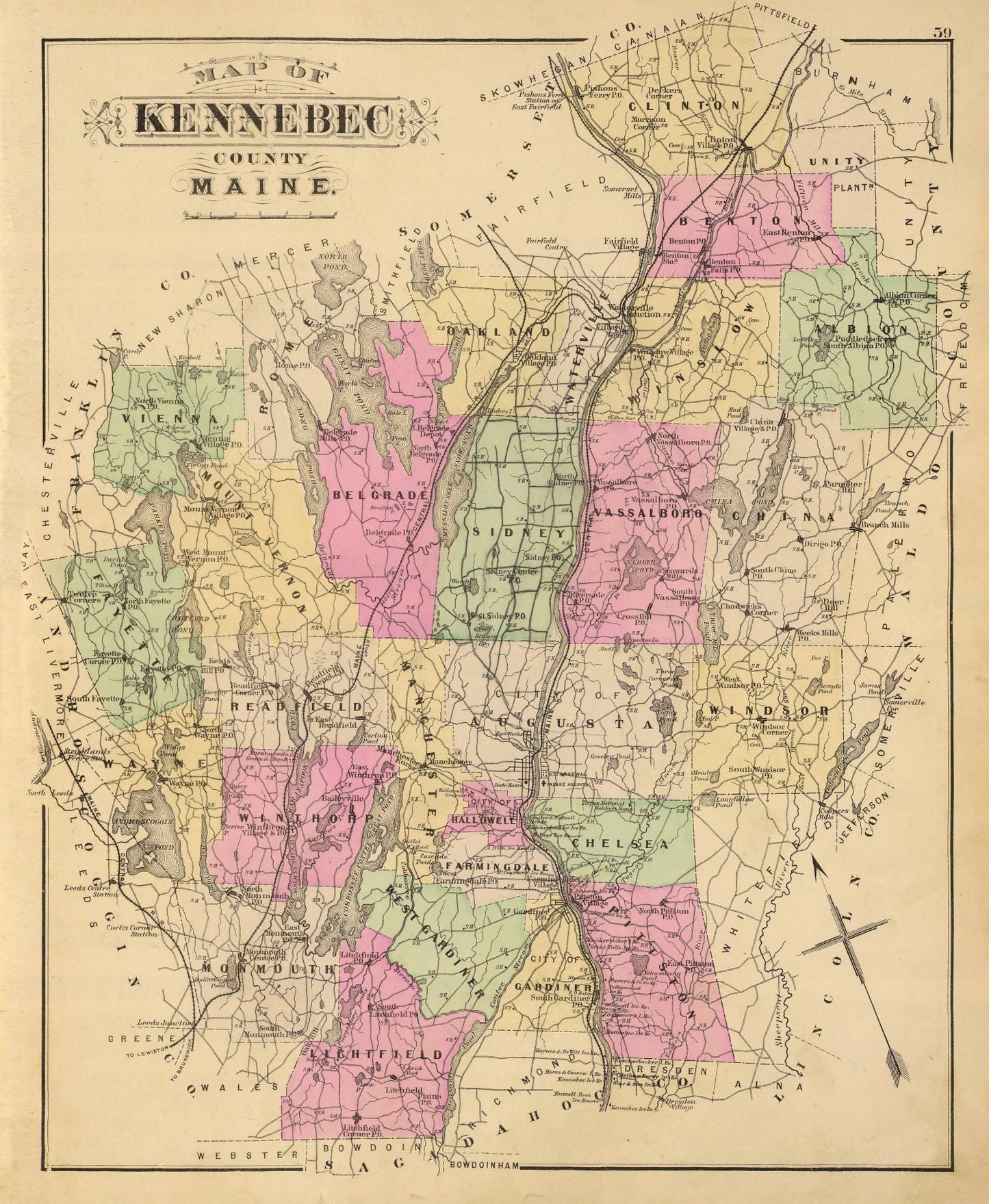 Vintage Map of Kennebec County, Maine, 1885