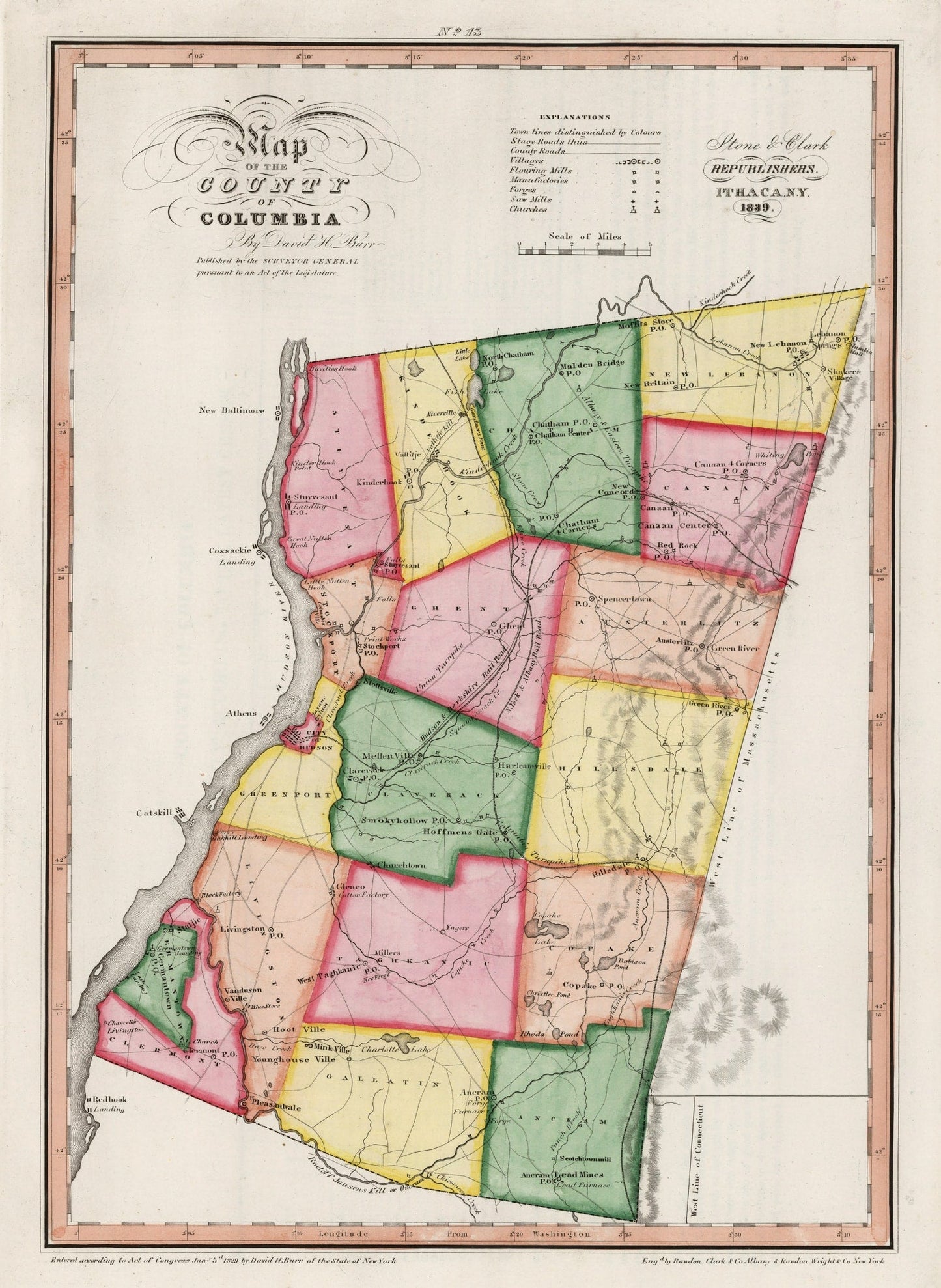 Vintage Map of Columbia County, New York 1839