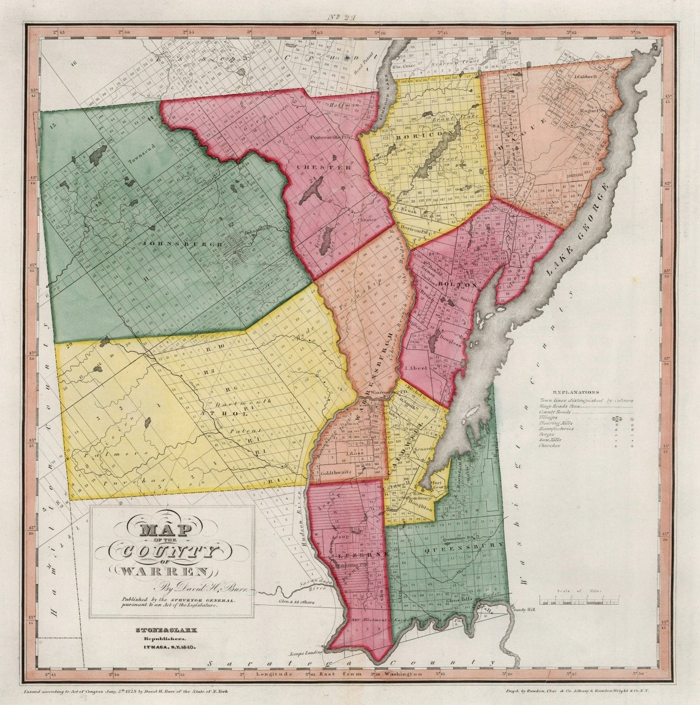 Vintage Map of Warren County, New York, 1840