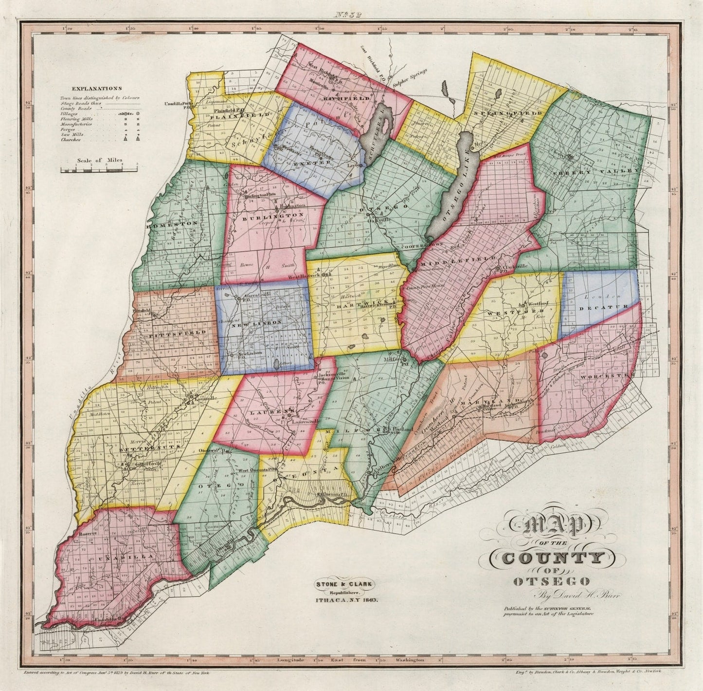 Vintage Map of Otsego County, New York, 1840