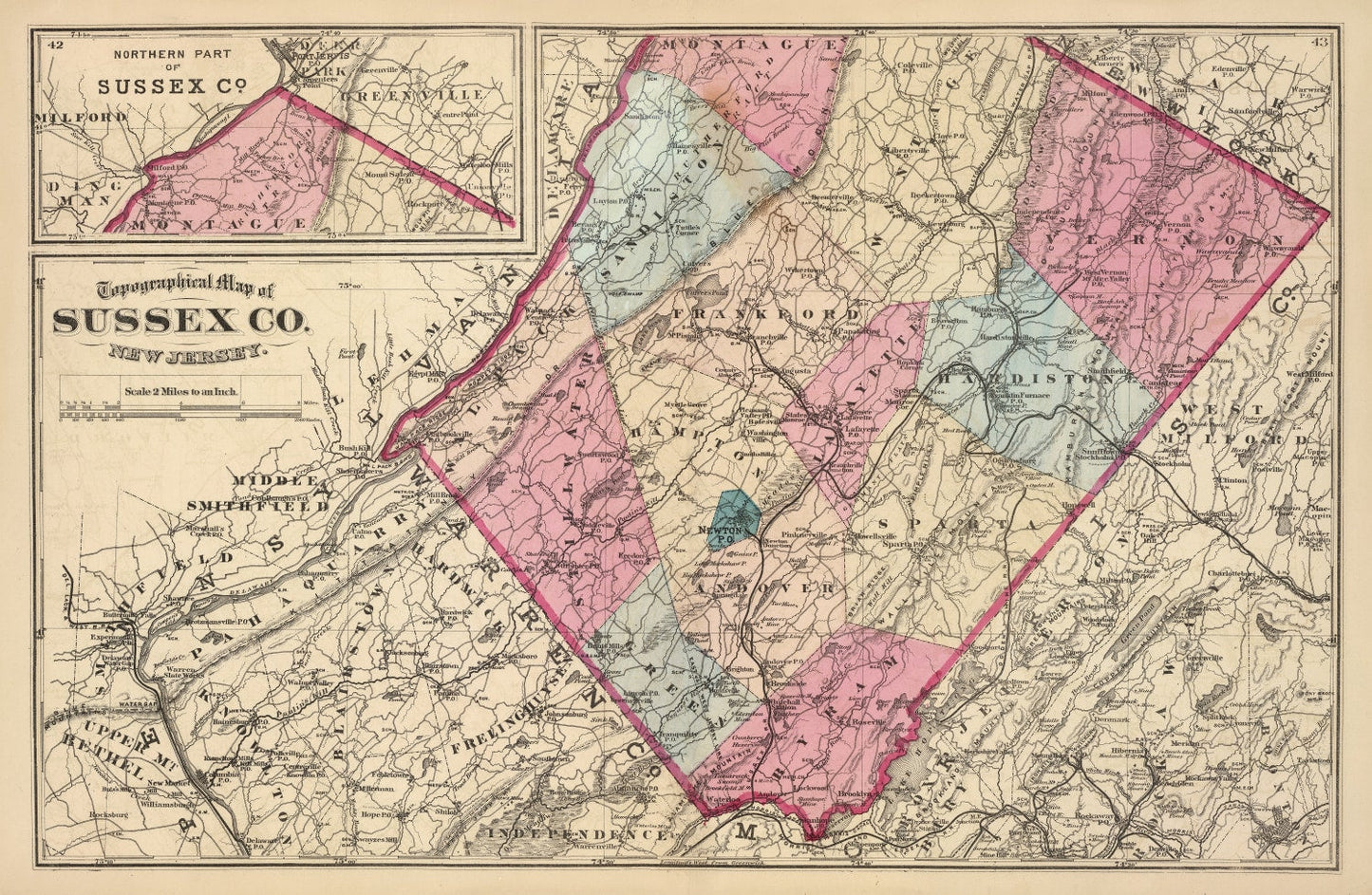 Vintage Map of Sussex County, New Jersey, 1872