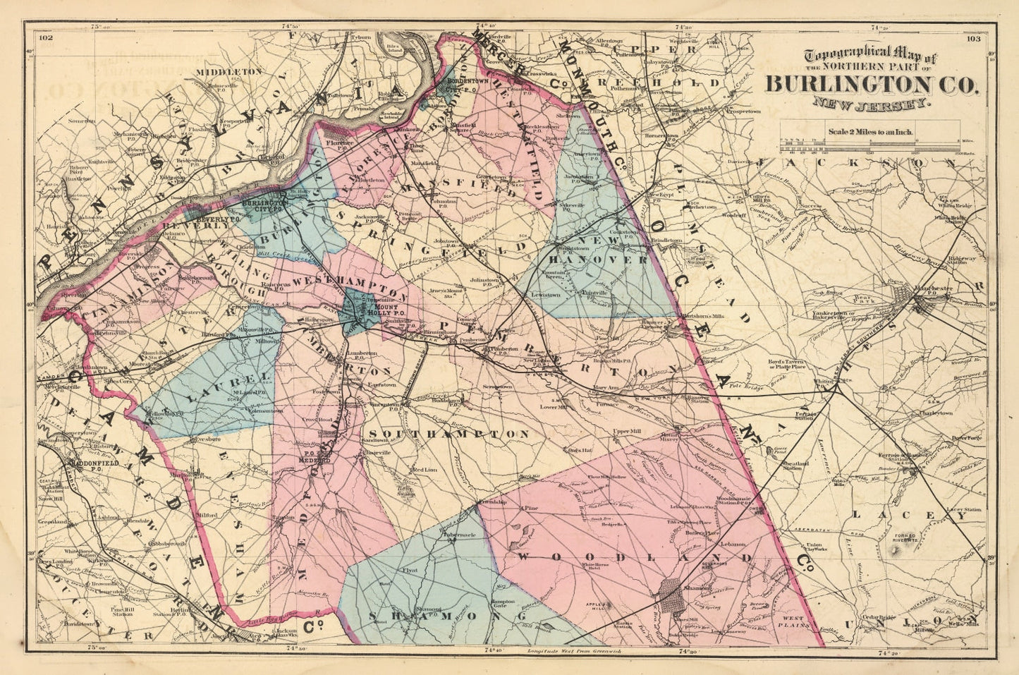 Vintage Map of Burlington County, New Jersey, 1872 - Print