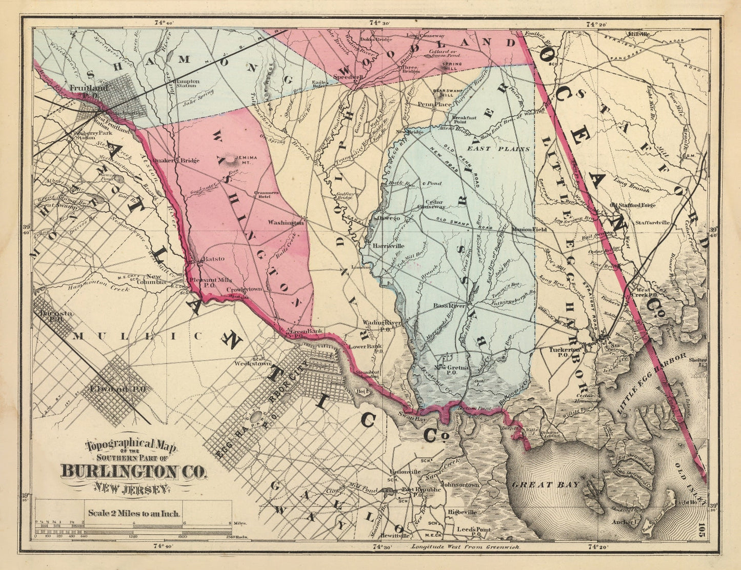 Vintage Map of Burlington County, New Jersey, 1872