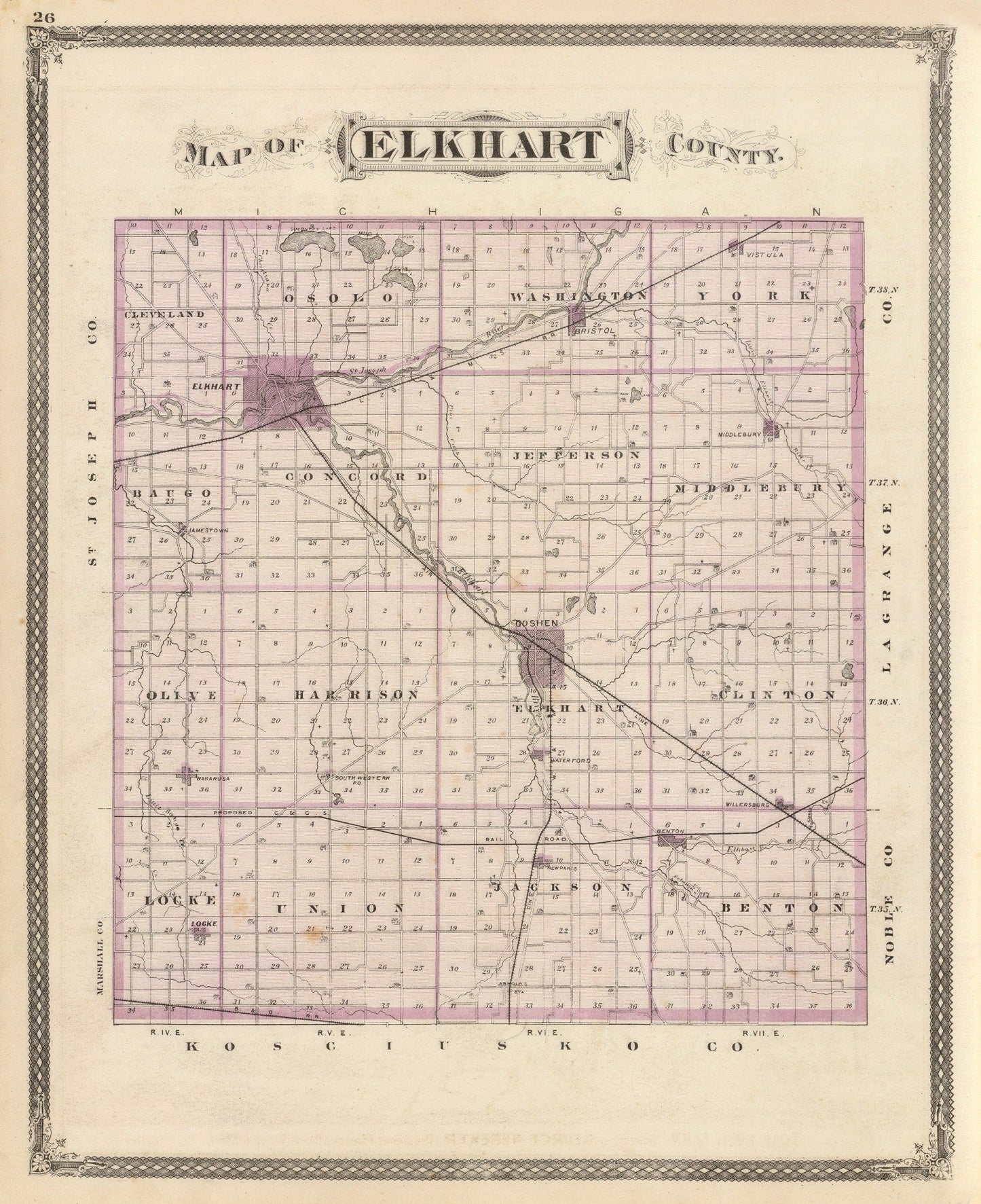 Vintage Map of Elkhart County, Indiana 1876