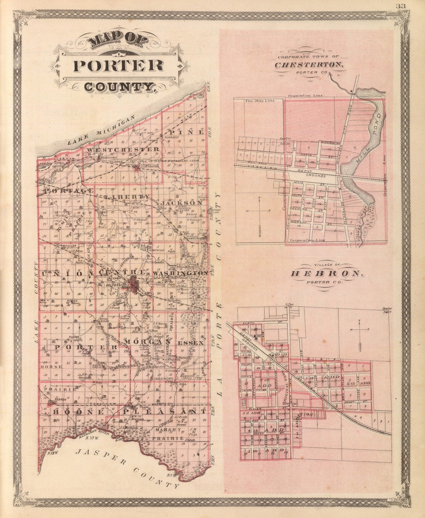 Vintage Map of Porter County, Indiana, 1876