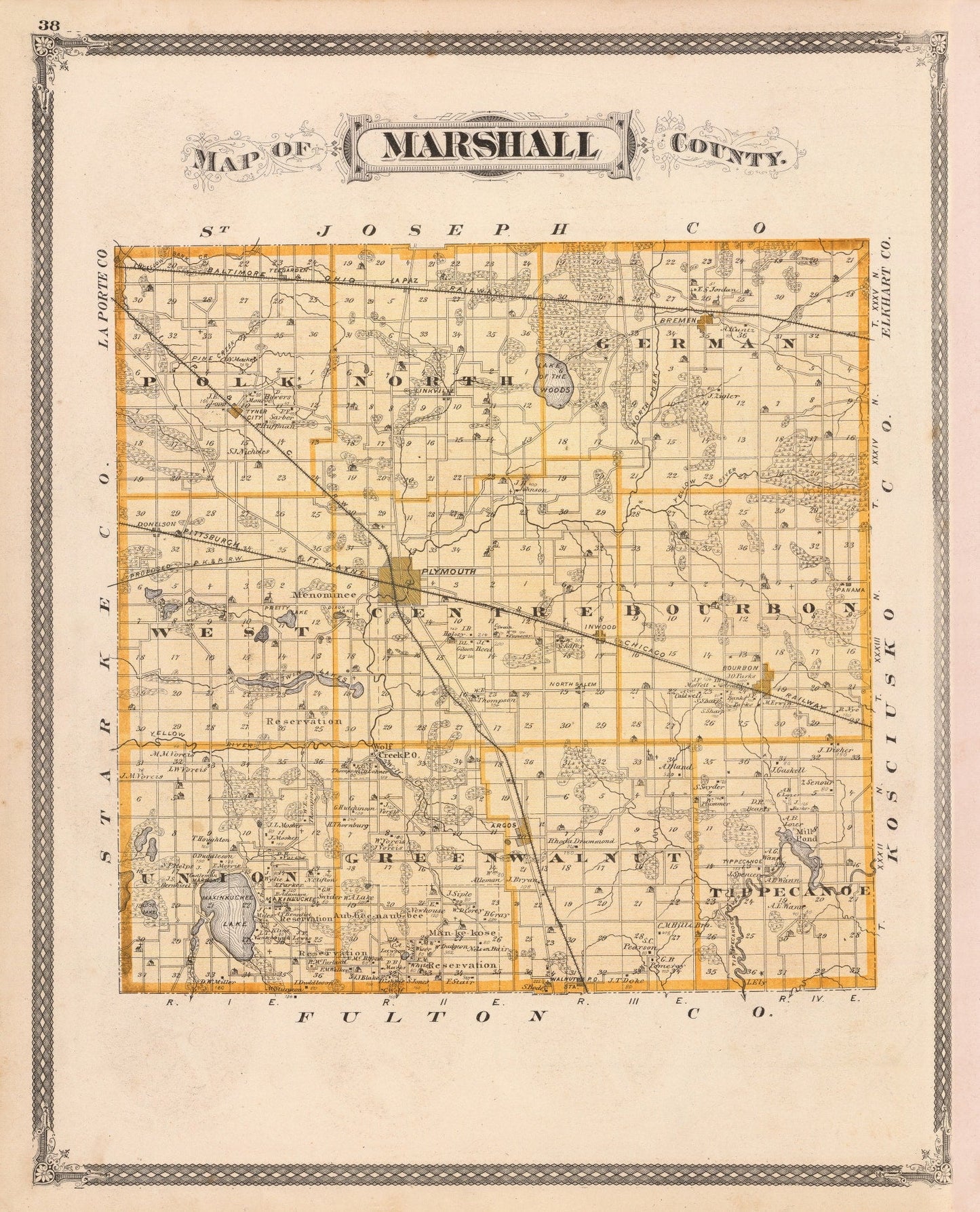 Vintage Map of Marshall County, Indiana, 1876
