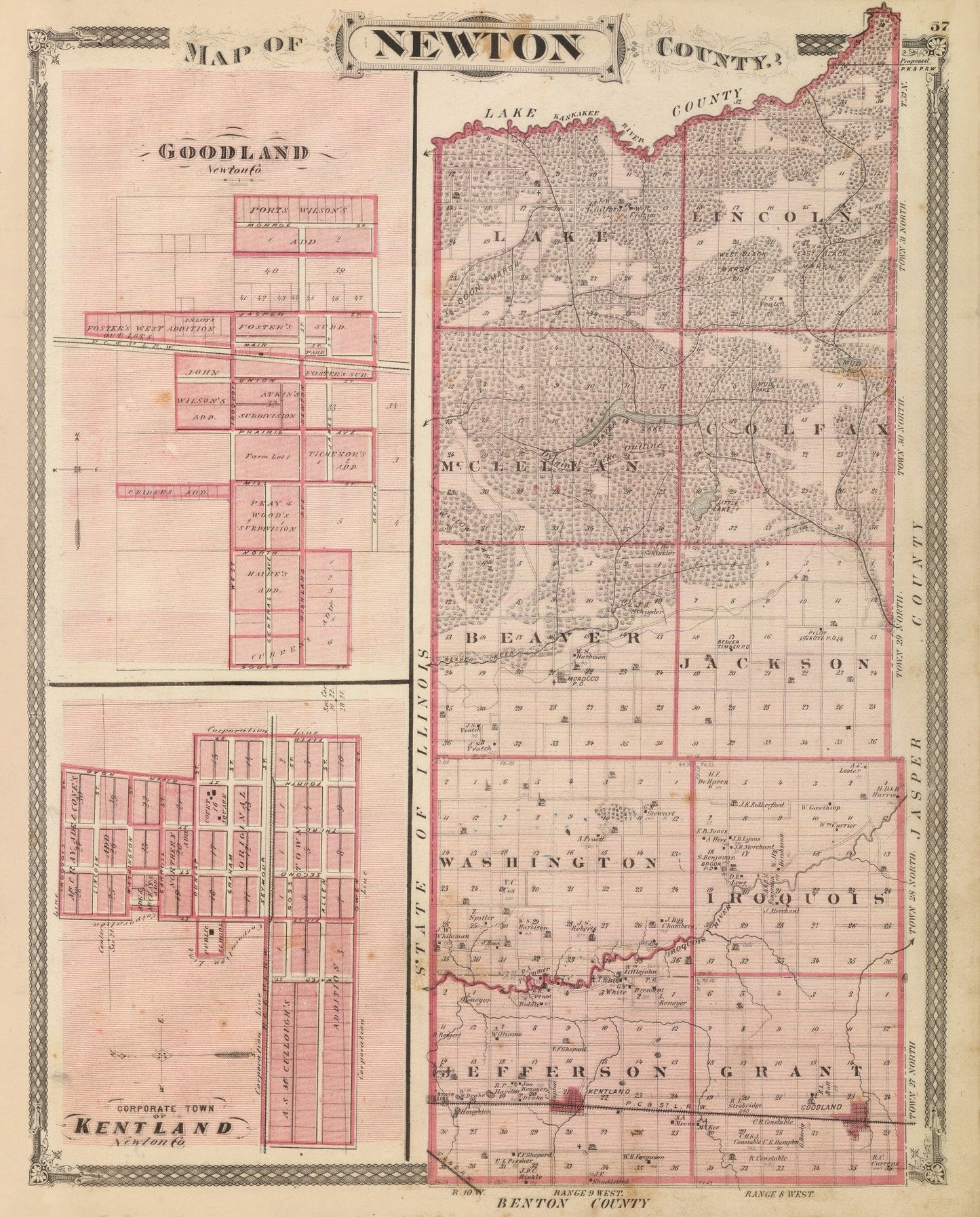 Vintage Map of Newton County, Indiana, 1876