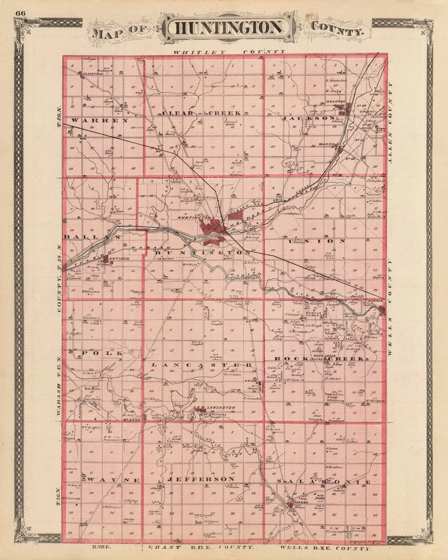 Vintage Map of Huntington County, Indiana, 1876