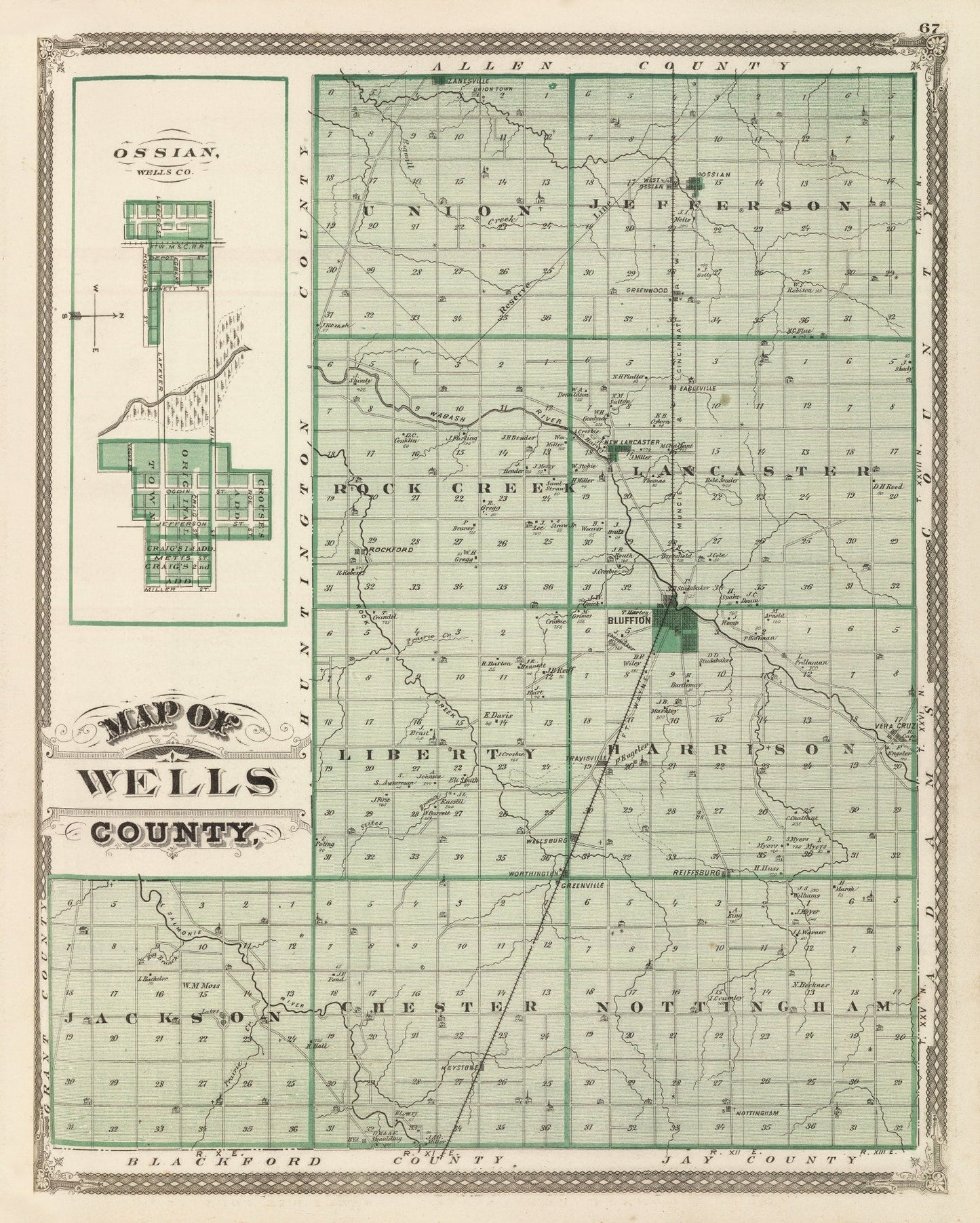 Vintage Map of Wells County, Indiana, 1876