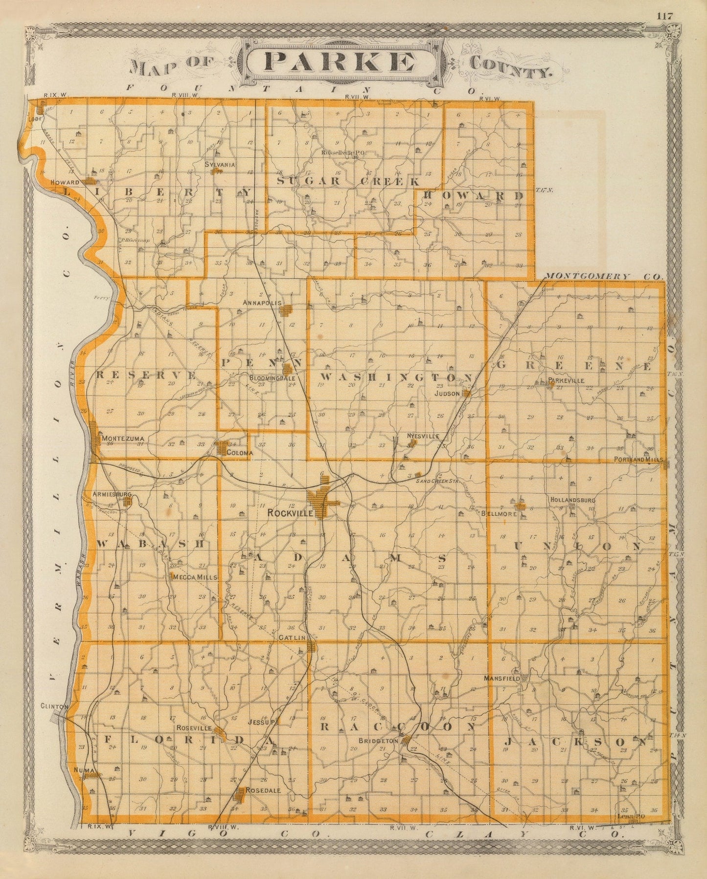 Vintage Map of Parke County, Indiana, 1876