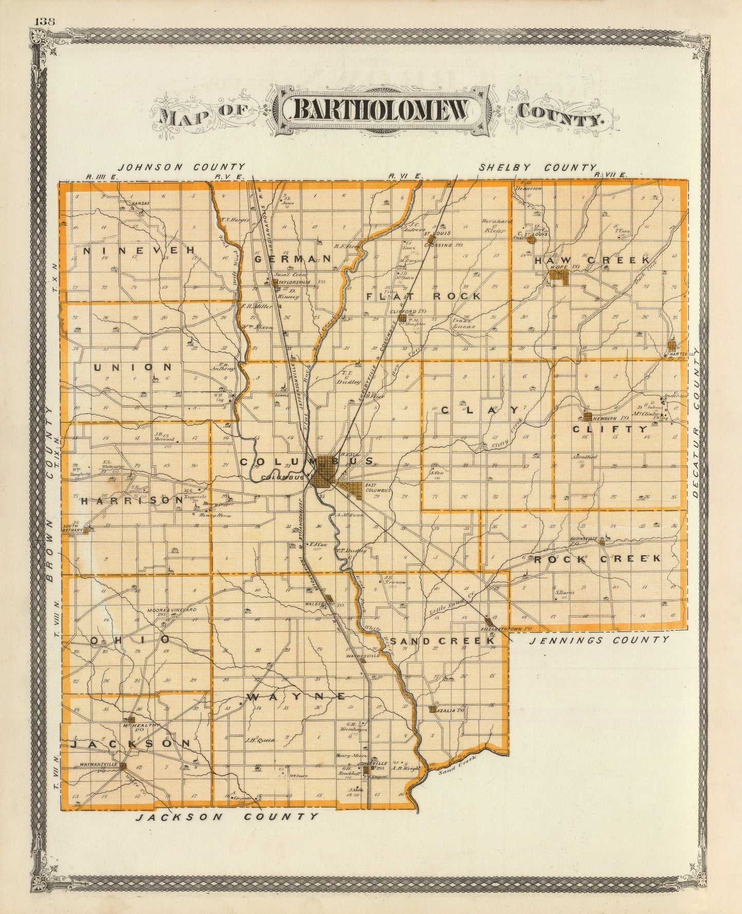 Vintage Map of Bartholomew County, Indiana, 1876