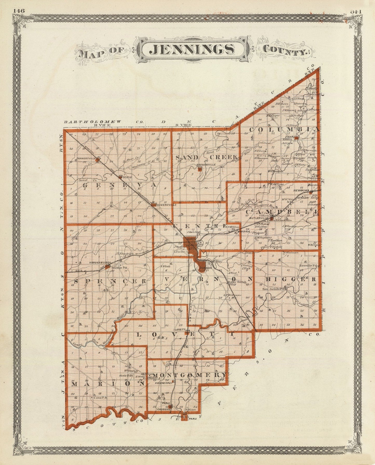 Vintage Map of Jennings County, Indiana, 1876