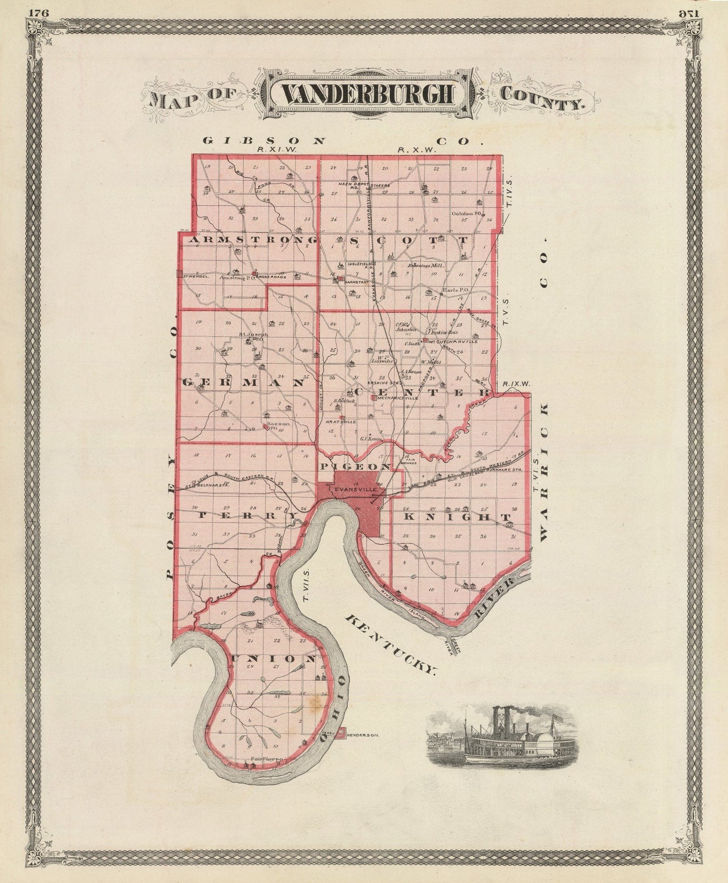 Vintage Map of Vanderburgh County, Indiana, 1876