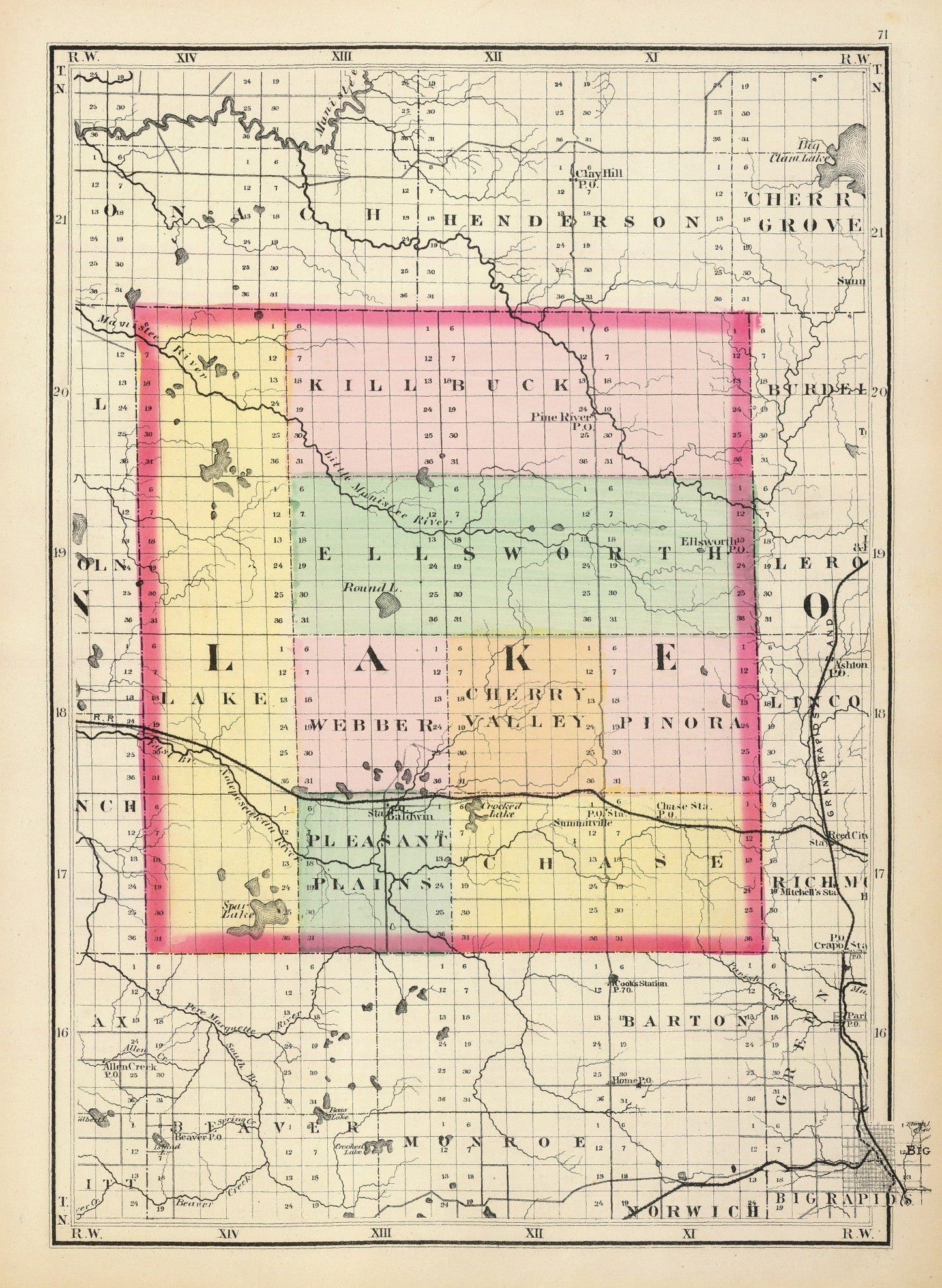 Vintage Map of Lake County, Michigan, 1873